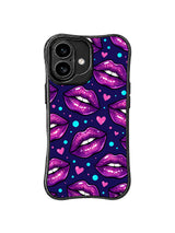 PhoneCasing iPhone 16 case featuring Purple Berry Spark Kiss artwork with glitter purple lips, pink hearts, cyan dots, and a deep navy night background.