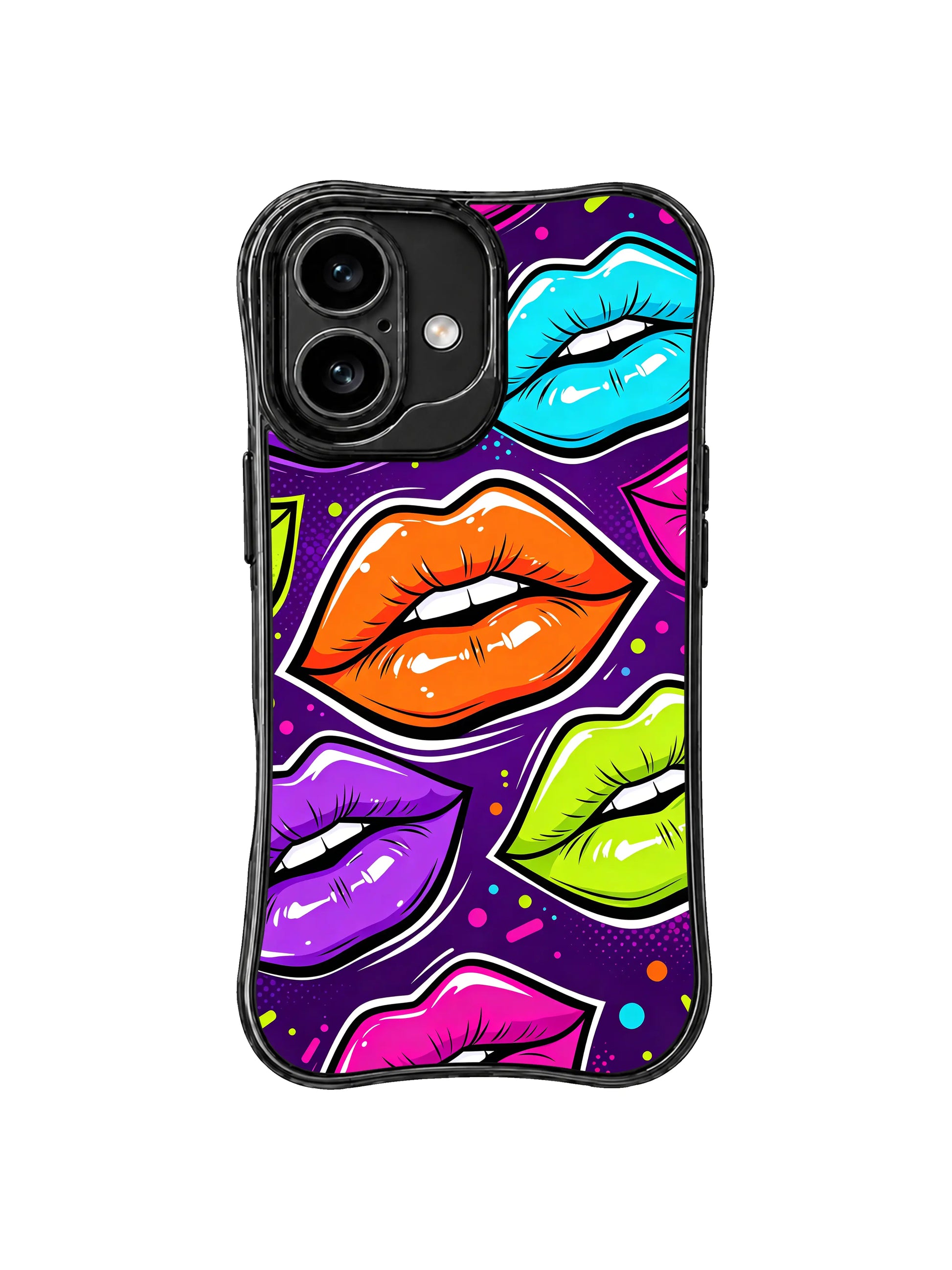 PhoneCasing iPhone 16 case with purple comic lips art, neon orange center lips, lime green lips, and scattered color dots for iPhone 16 cases.