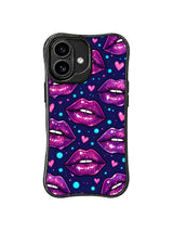 PhoneCasing iPhone 16 case created as a purple dream iphone 16 cover with sparkling lips, pink hearts, and blue light-dot accents.