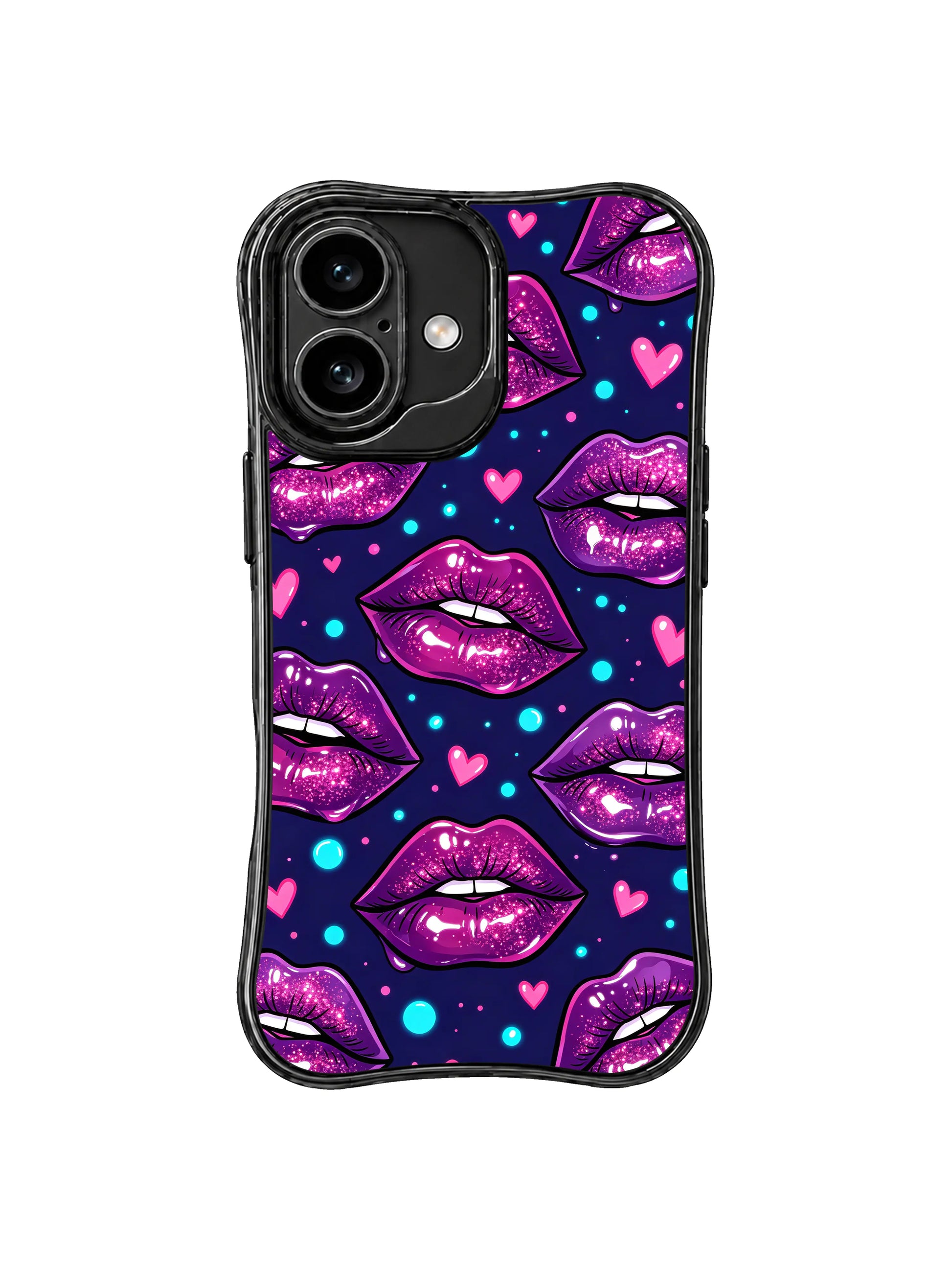 PhoneCasing iPhone 16 case created as a purple dream iphone 16 cover with sparkling lips, pink hearts, and blue light-dot accents.