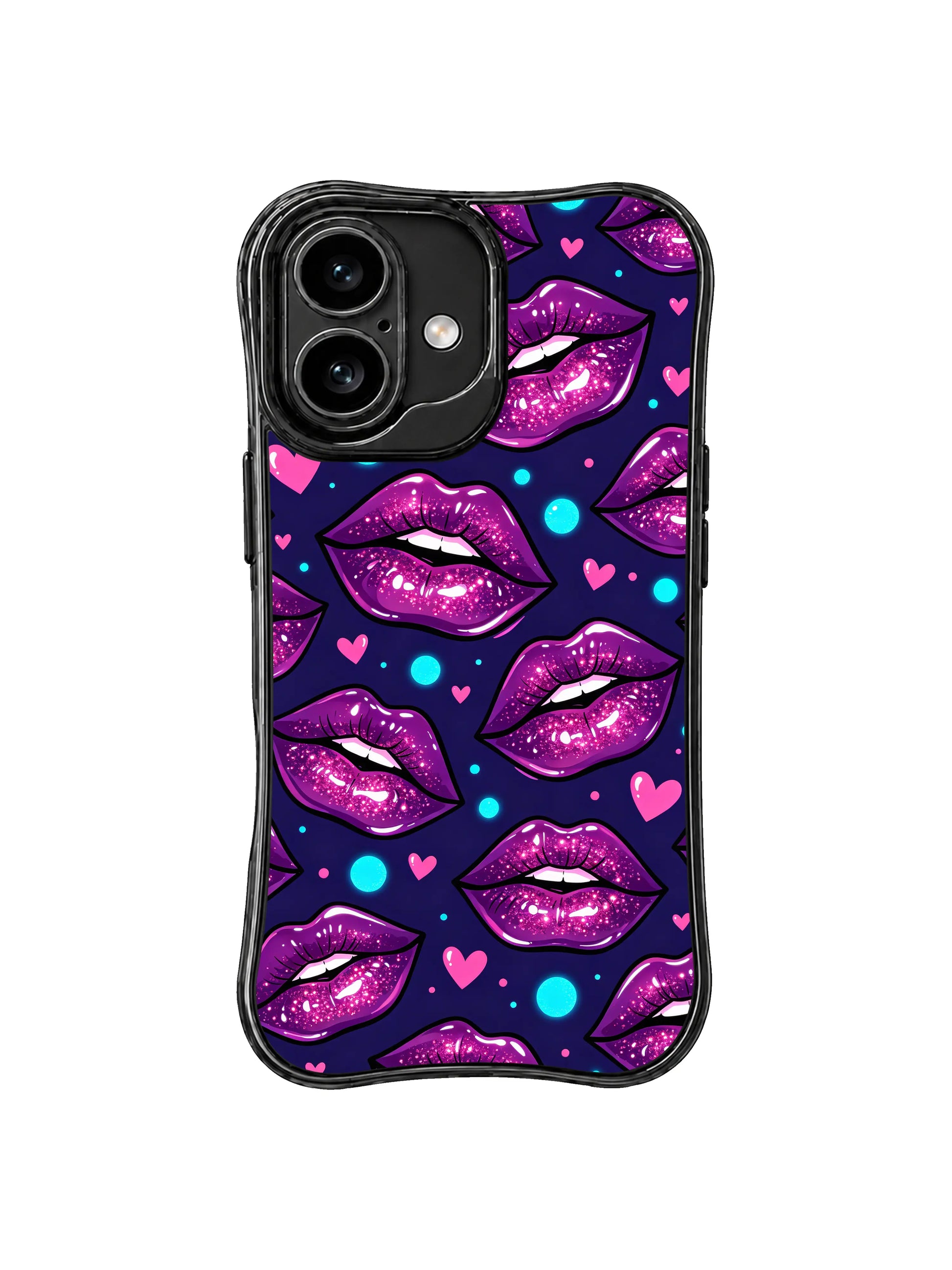 PhoneCasing iPhone 16 case featuring purple glitter lips, pink hearts, and cool blue dots for customers browsing bold iPhone 16 cases.