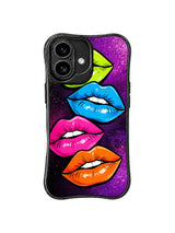 PhoneCasing iPhone 16 case with purple halftone texture, neon lip shapes, and bright rave color for an artistic iPhone16 casing design.
