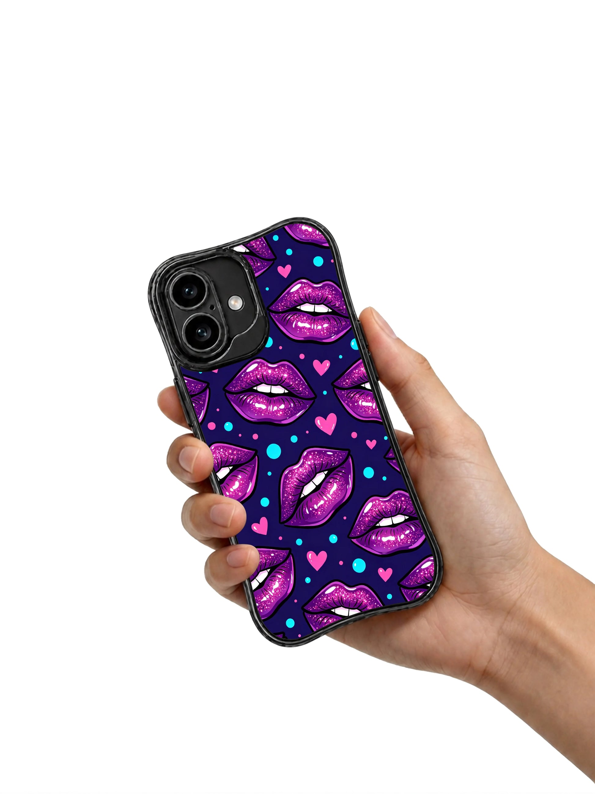 PhoneCasing iPhone 16 case with purple lips, bright blue dots, and tiny pink hearts, a playful iphone 16 cover with a polished night-glam mood.