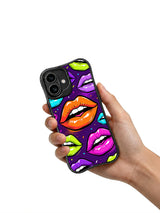 PhoneCasing iPhone 16 case with a purple night background, glossy orange kiss centerpiece, and colorful confetti details for an expressive iphone 16 cover.
