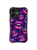 PhoneCasing iPhone 16 case featuring a purple pop lips pattern with glossy shine and small heart symbols, perfect for artistic iPhone 16 cases.