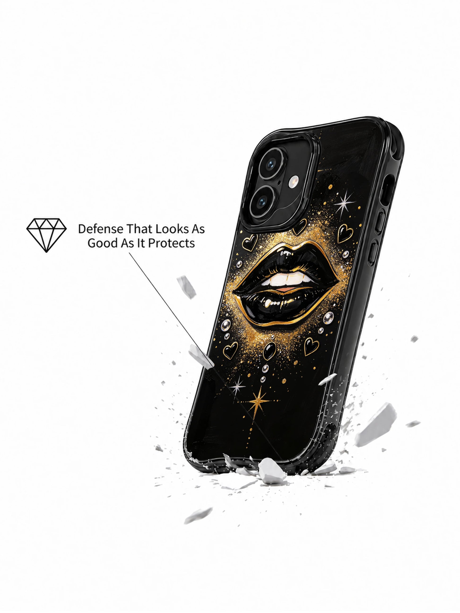 PhoneCasing iPhone 16 case featuring queen-inspired black lips, gold trim, and night glam details for a confident daily art piece.