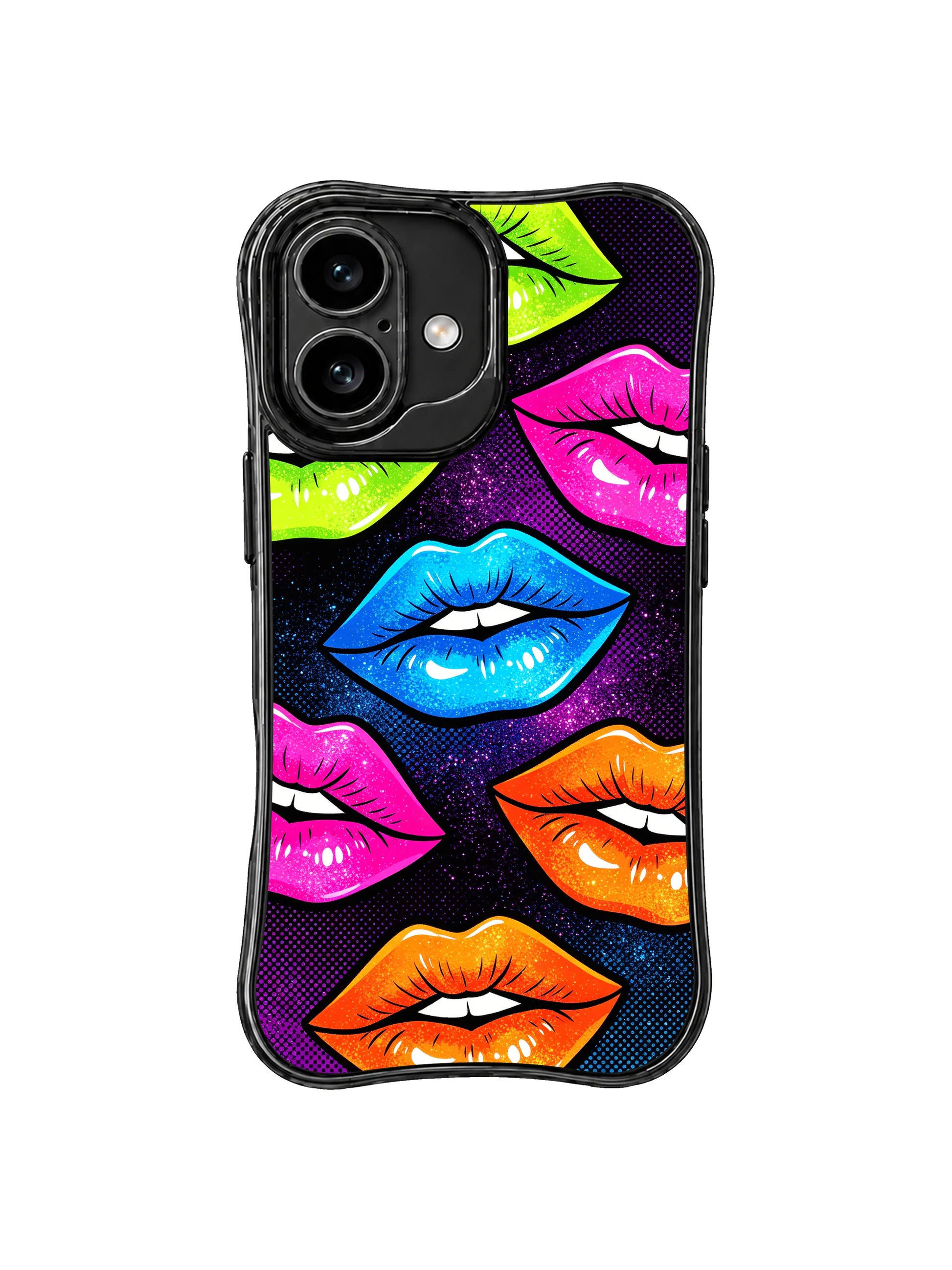 PhoneCasing iPhone 16 case featuring rave-night lip artwork with bright color blocks, glossy shine, and dramatic purple shadow.