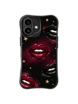 PhoneCasing iPhone 16 case featuring red nebula lips, black glossy accents, scattered gold stars, and a luxurious iPhone 16 casing feel.