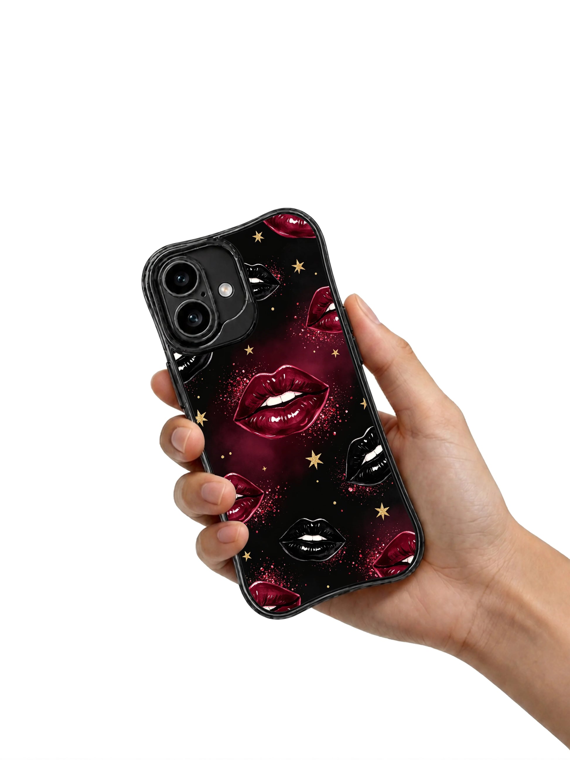 PhoneCasing iPhone 16 case with red wine lip art, black shadowed lips, gold star accents, and a dramatic iphone 16 cover mood.