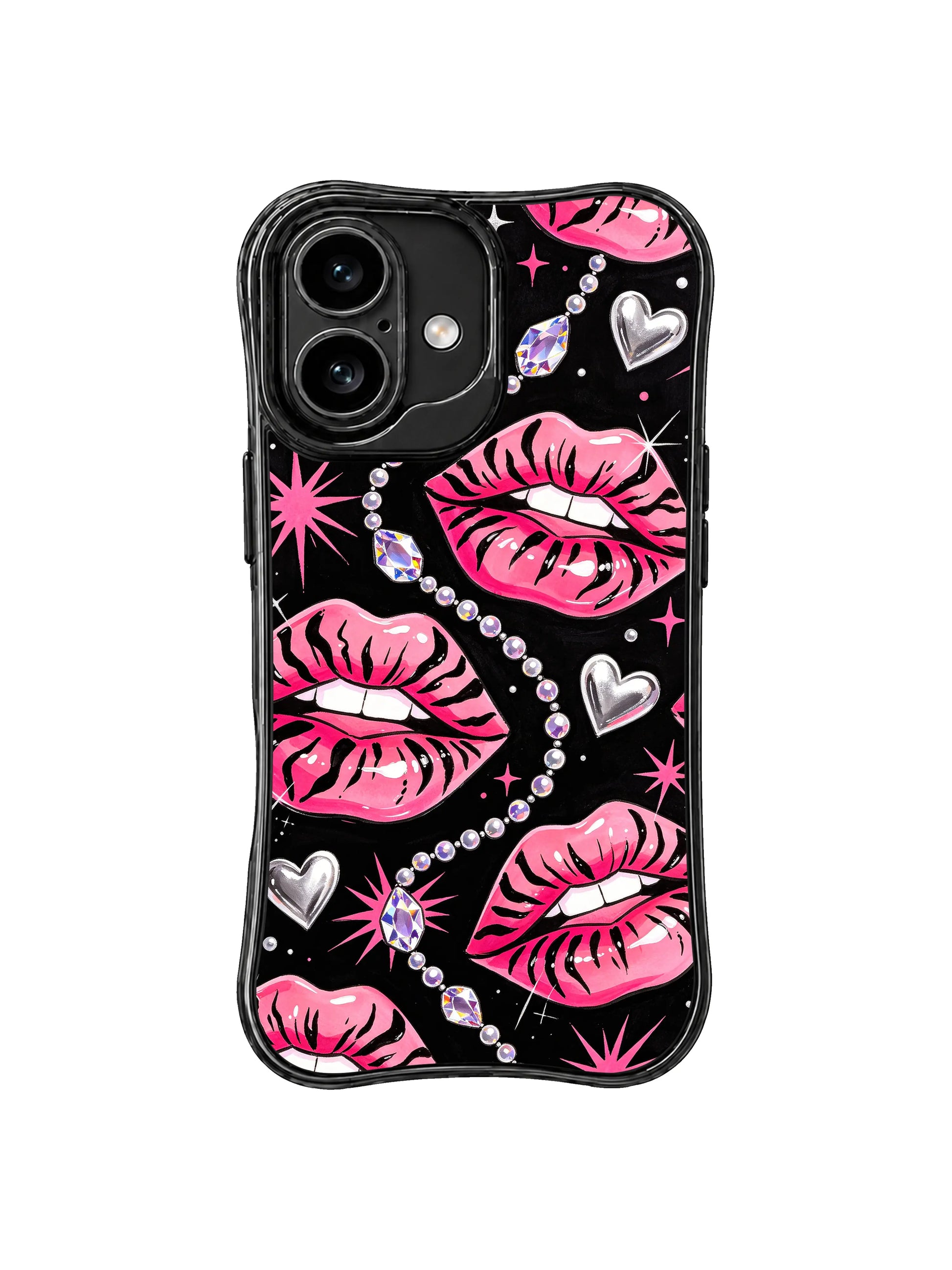 PhoneCasing iPhone 16 case with rhinestone heart kiss artwork, glossy pink lips, and bright black pink glam styling.