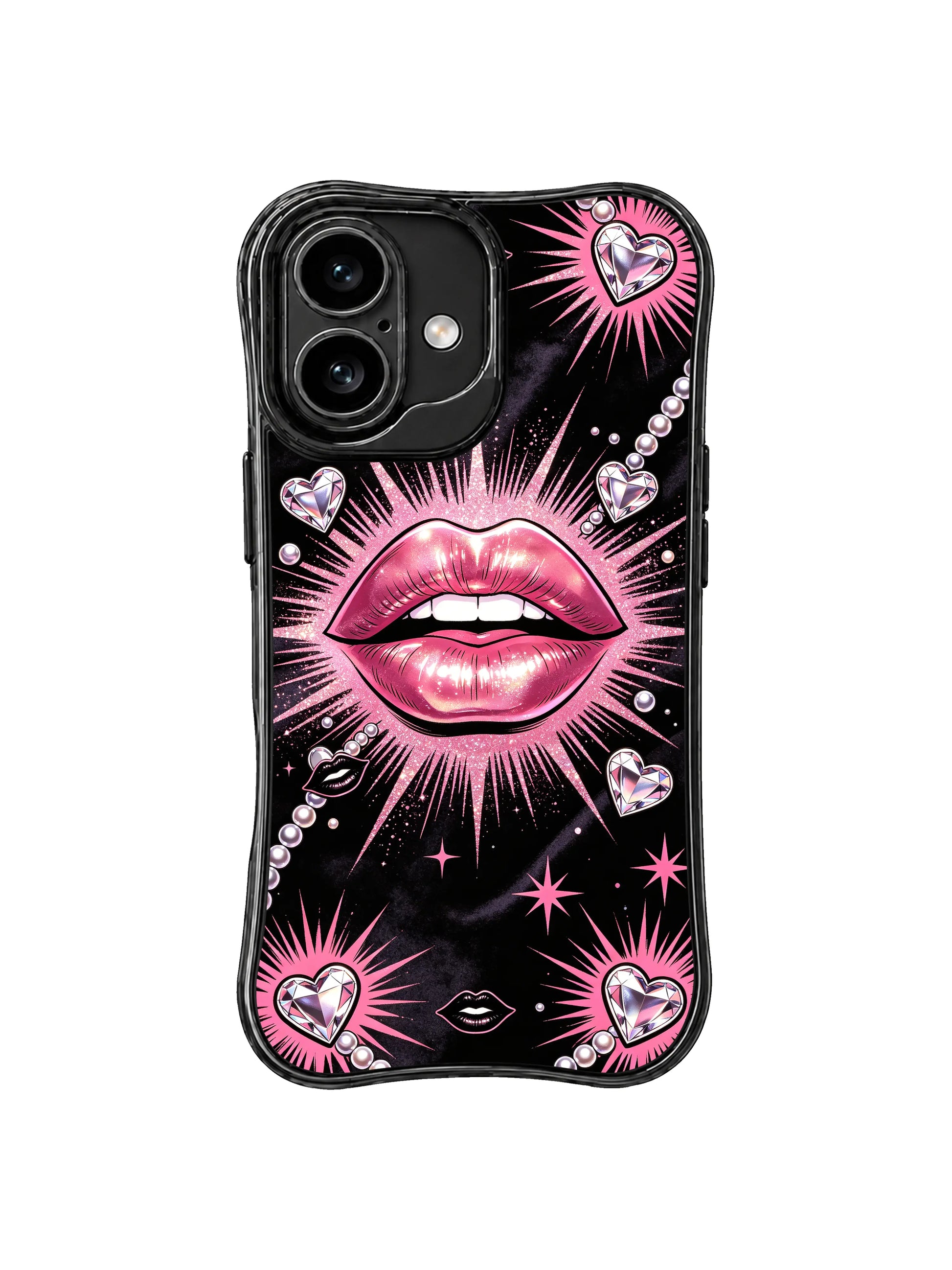 PhoneCasing iPhone 16 case featuring romantic night styling, glittered lips, and shining heart motifs, a bold iPhone 16 casing that feels sweet yet self-assured.