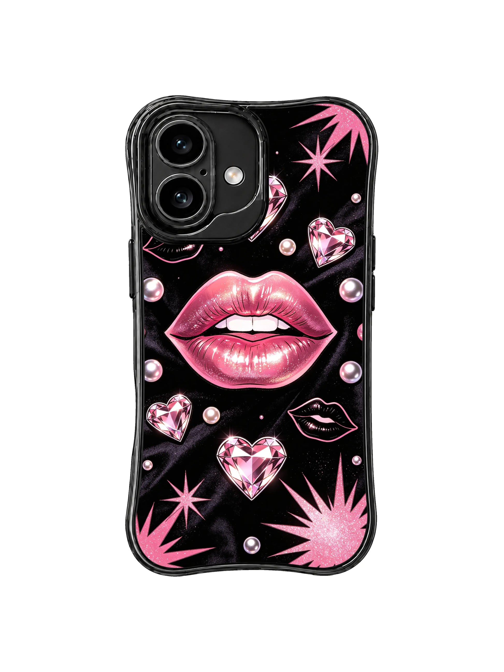 PhoneCasing iPhone 16 case inspired by Roxie Vell, showing rose-toned metallic lips, crystal heart details, and subtle shimmer, a glamorous iPhone 16 casing for artistic everyday use.