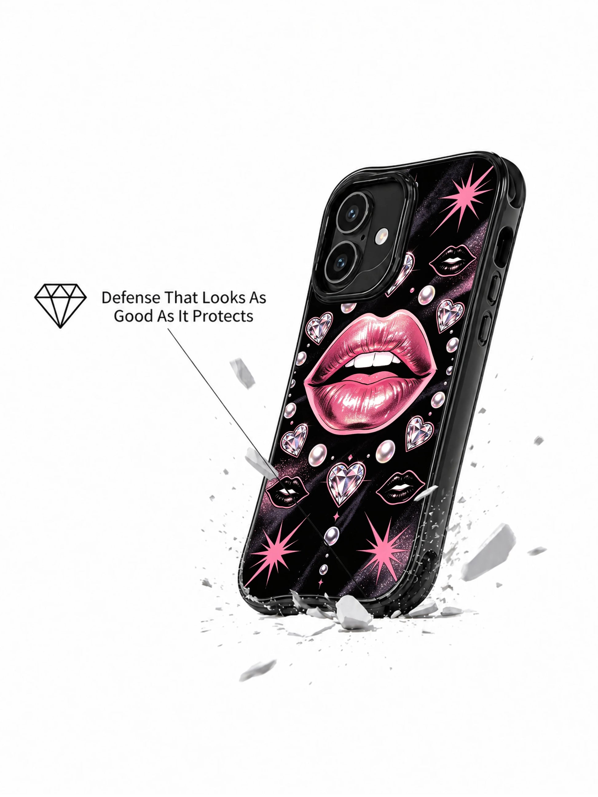 PhoneCasing iPhone 16 case featuring rose metallic lips, faceted pink heart gems, and starburst accents, designed as an eye-catching iPhone 16 casing with romantic glam style.