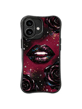 PhoneCasing iPhone 16 case with rose shadow artwork and glossy black lips, styled for shoppers also browsing iPhone 16 Pro case designs.