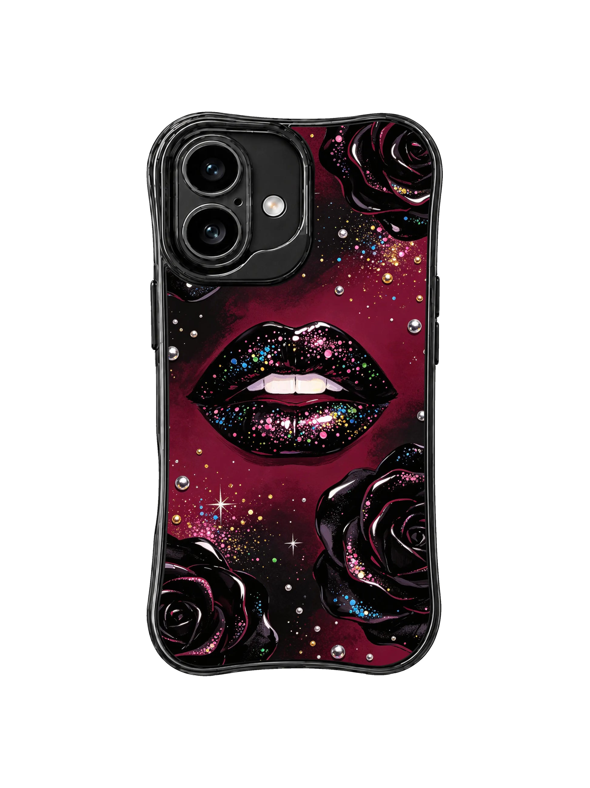 PhoneCasing iPhone 16 case with rose shadow artwork and glossy black lips, styled for shoppers also browsing iPhone 16 Pro case designs.