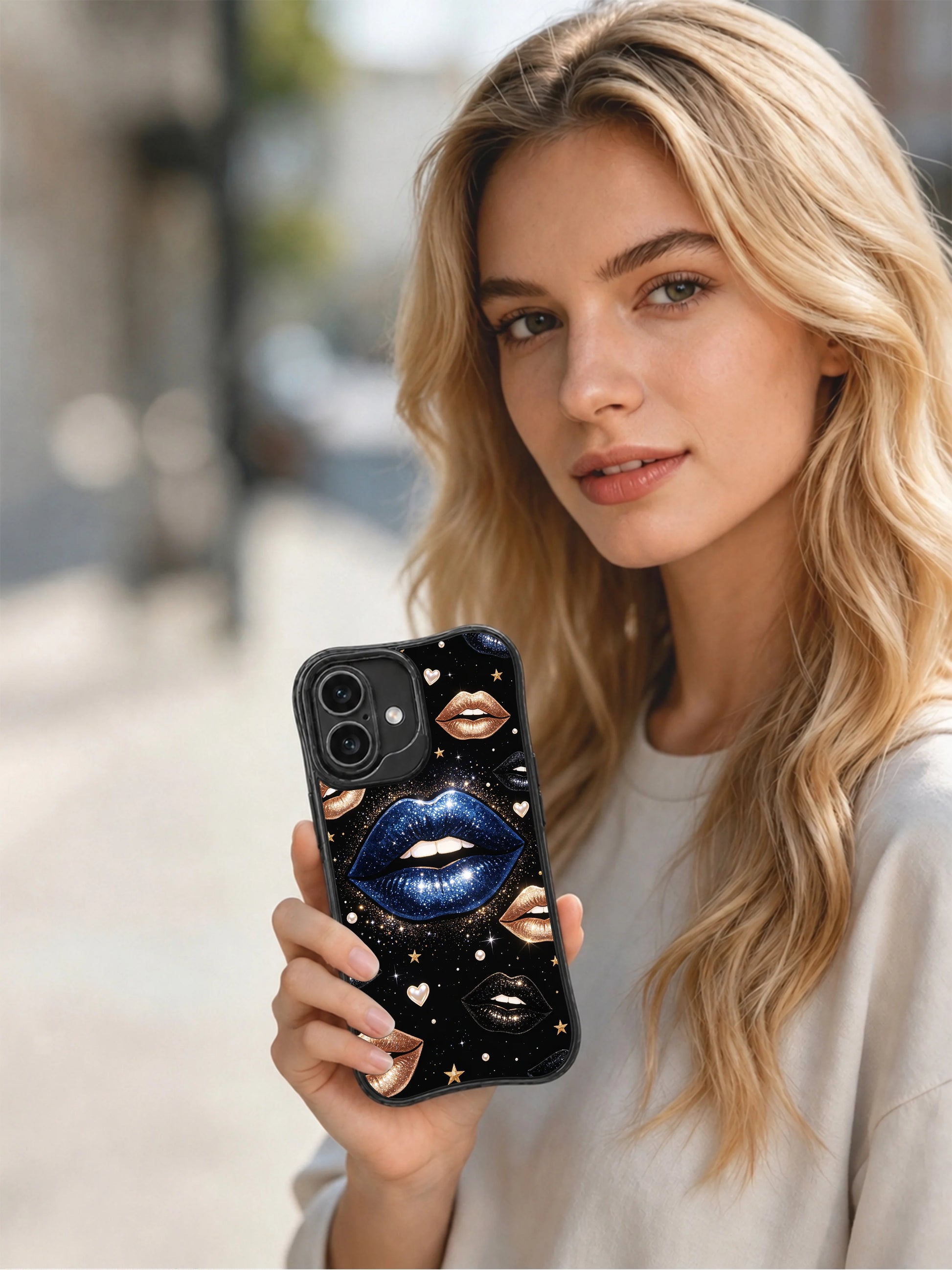 PhoneCasing iPhone 16 case featuring Roxie Vell blue night lips artwork with sparkling galaxy texture, gold lips, and tiny celestial details.