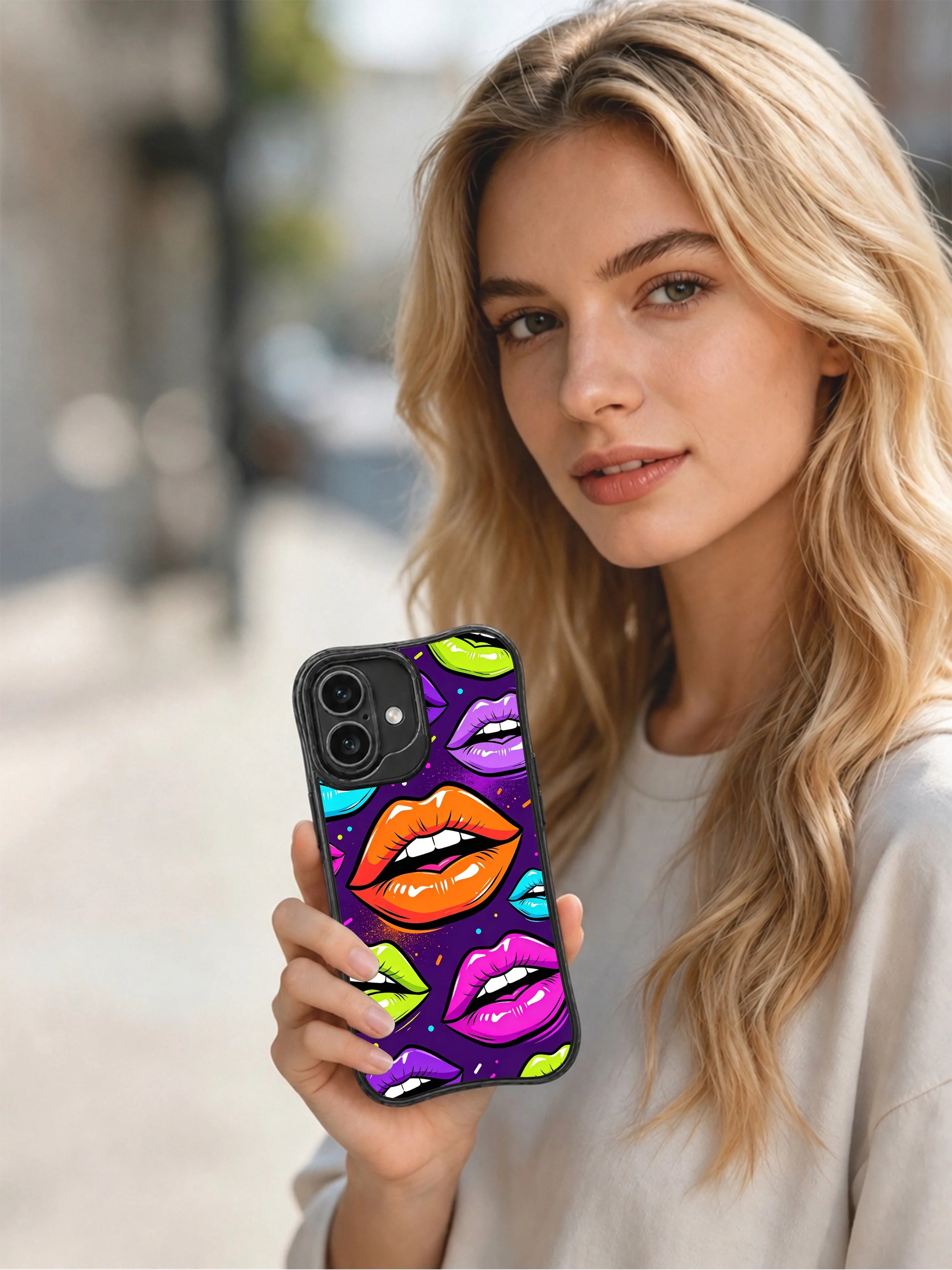 PhoneCasing iPhone 16 case featuring Roxie Vell electric lips artwork with bold orange shine, purple contrast, and vivid neon color.