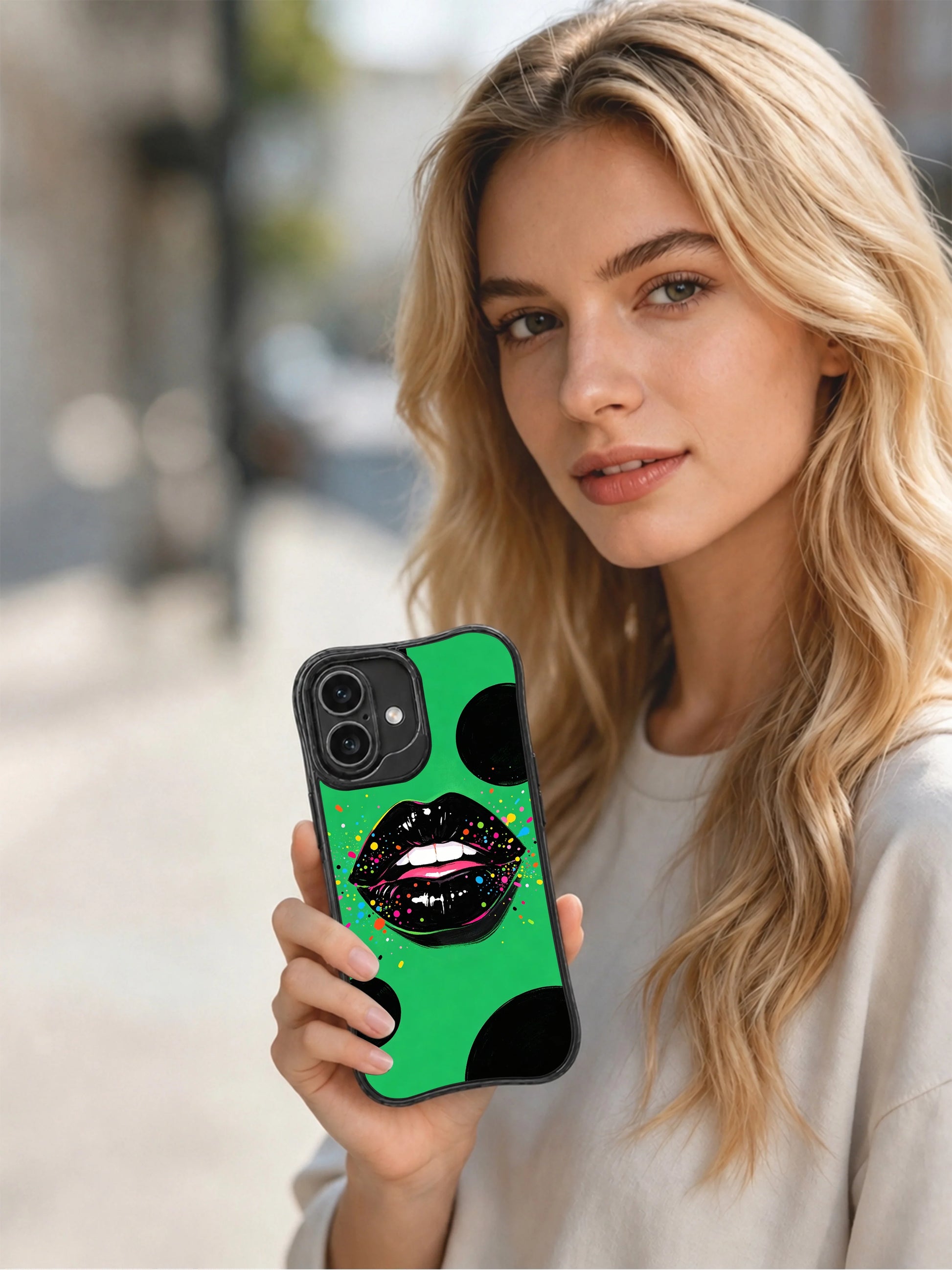 PhoneCasing iPhone 16 case featuring Roxie Vell’s Emerald Night Lips artwork with black lacquer lips and bright color sparks.