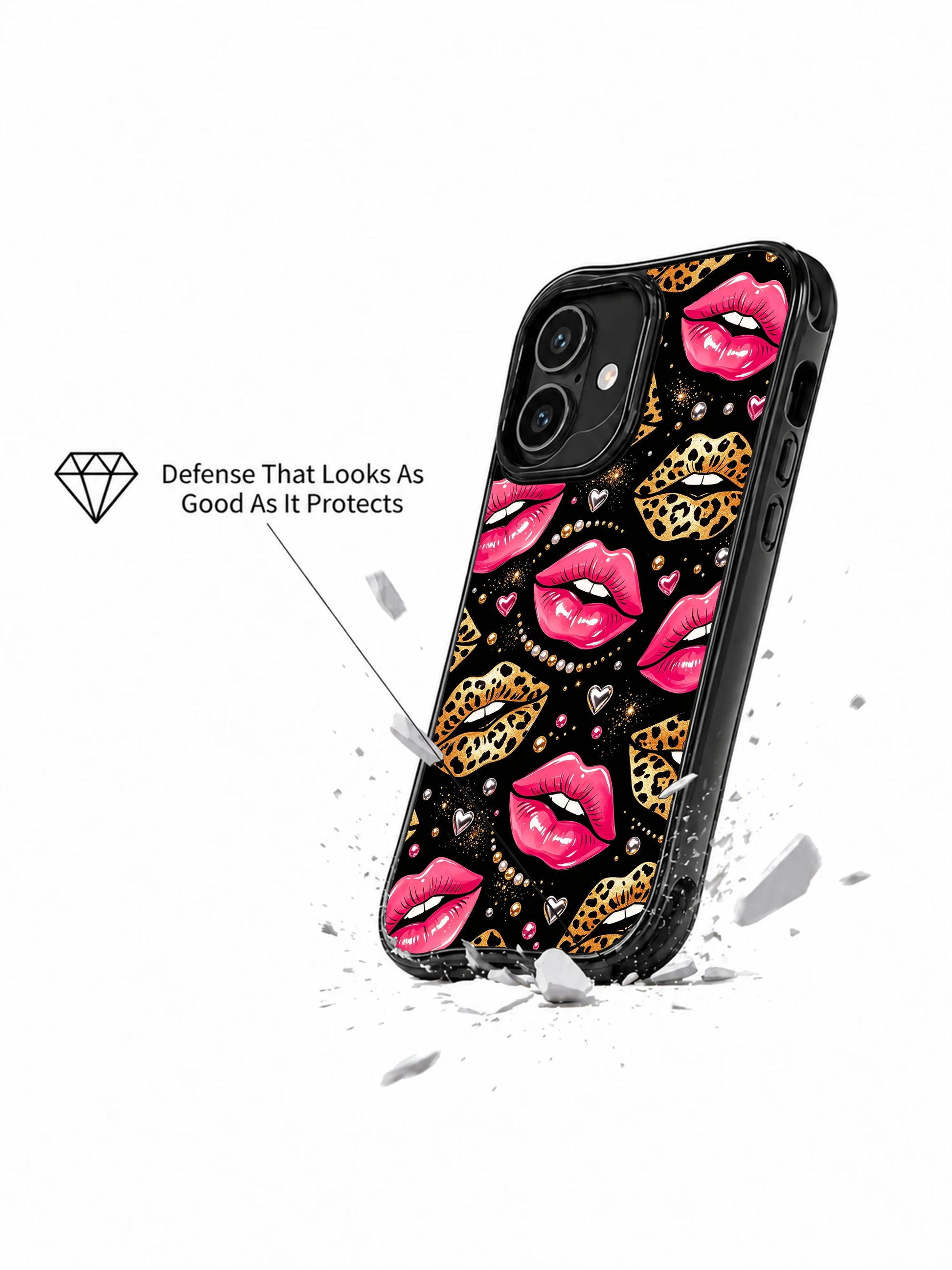 PhoneCasing iPhone 16 case featuring Roxie Vell lip art with vivid magenta shine, wild leopard texture, and refined glitter accents.