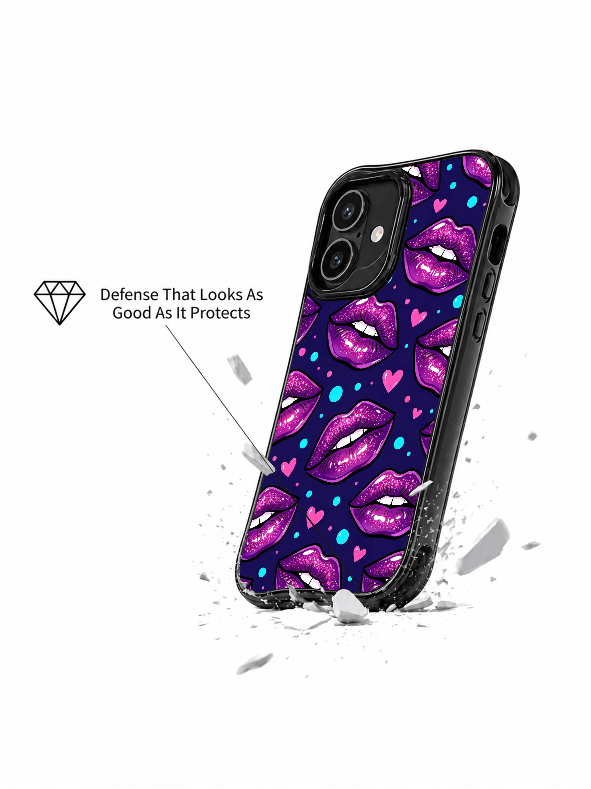 PhoneCasing iPhone 16 case featuring Roxie Vell purple kiss artwork with glitter lips, dark background, and romantic pop illustration details.
