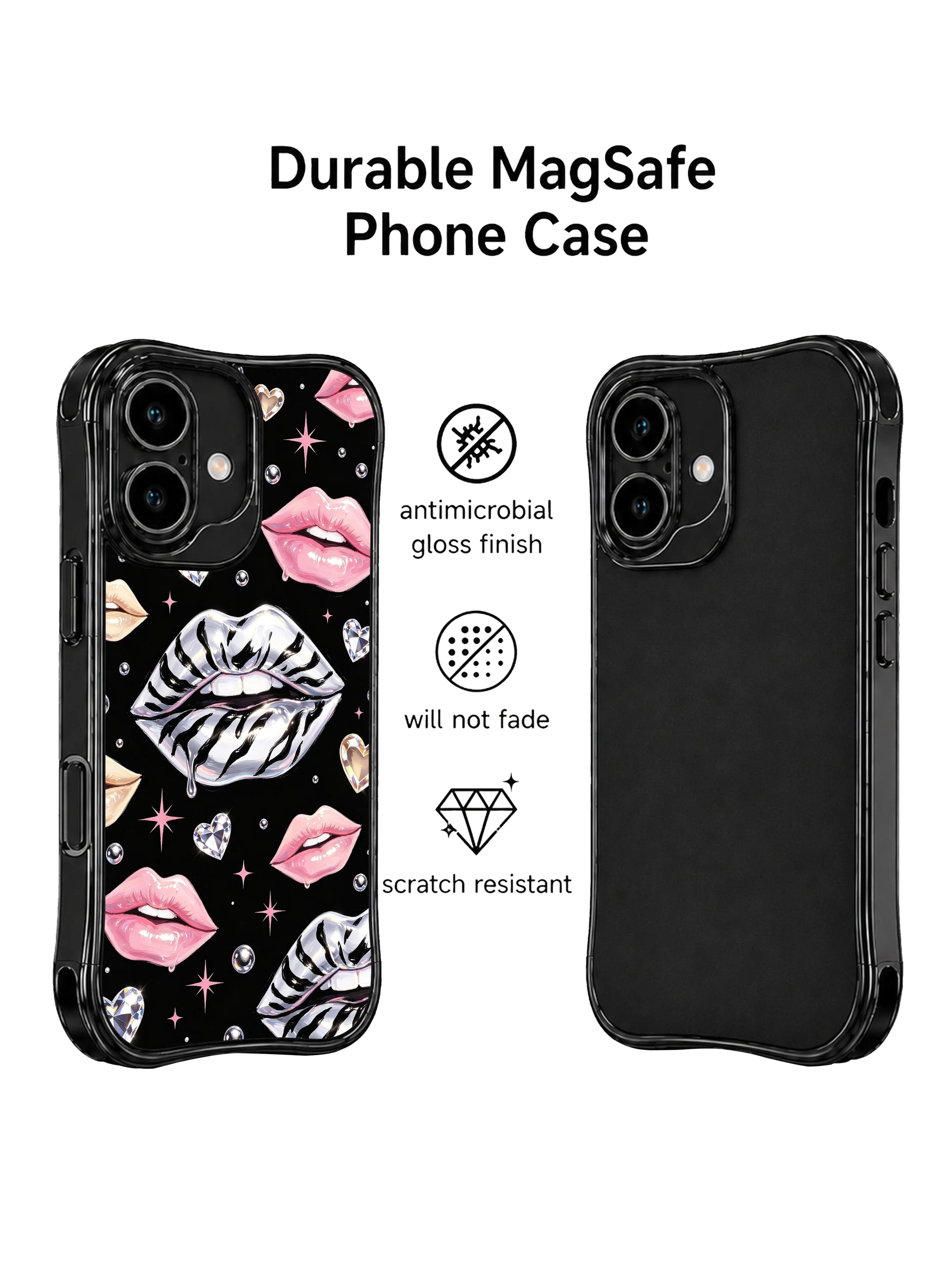 PhoneCasing iPhone 16 case featuring Roxie Vell zebra lip artwork with pink stars, pearl bubbles, and polished coquette glam details.