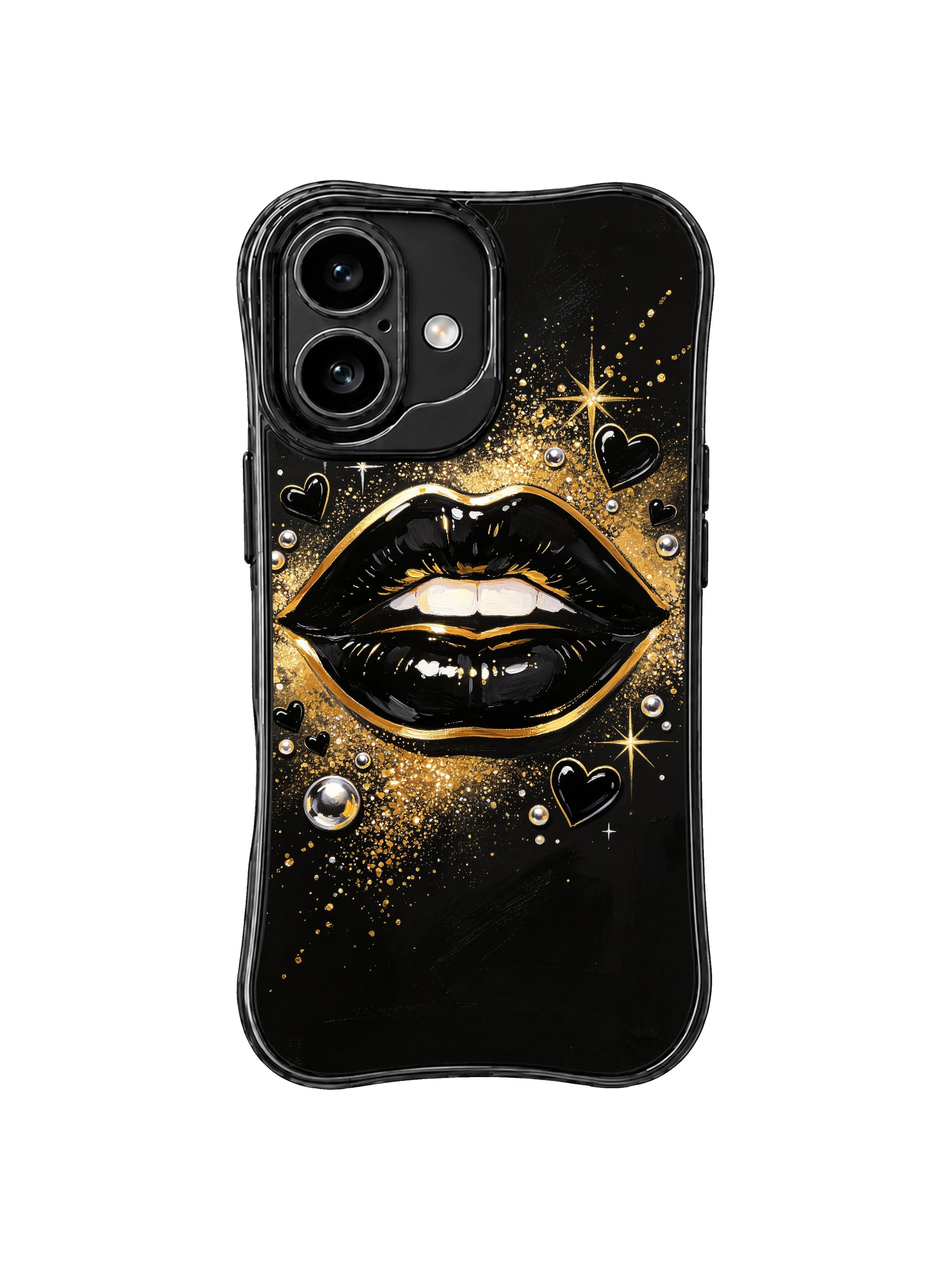 PhoneCasing iPhone 16 case featuring royal gold lip accents and deep black gloss, styled as an artistic iphone 16 cover.