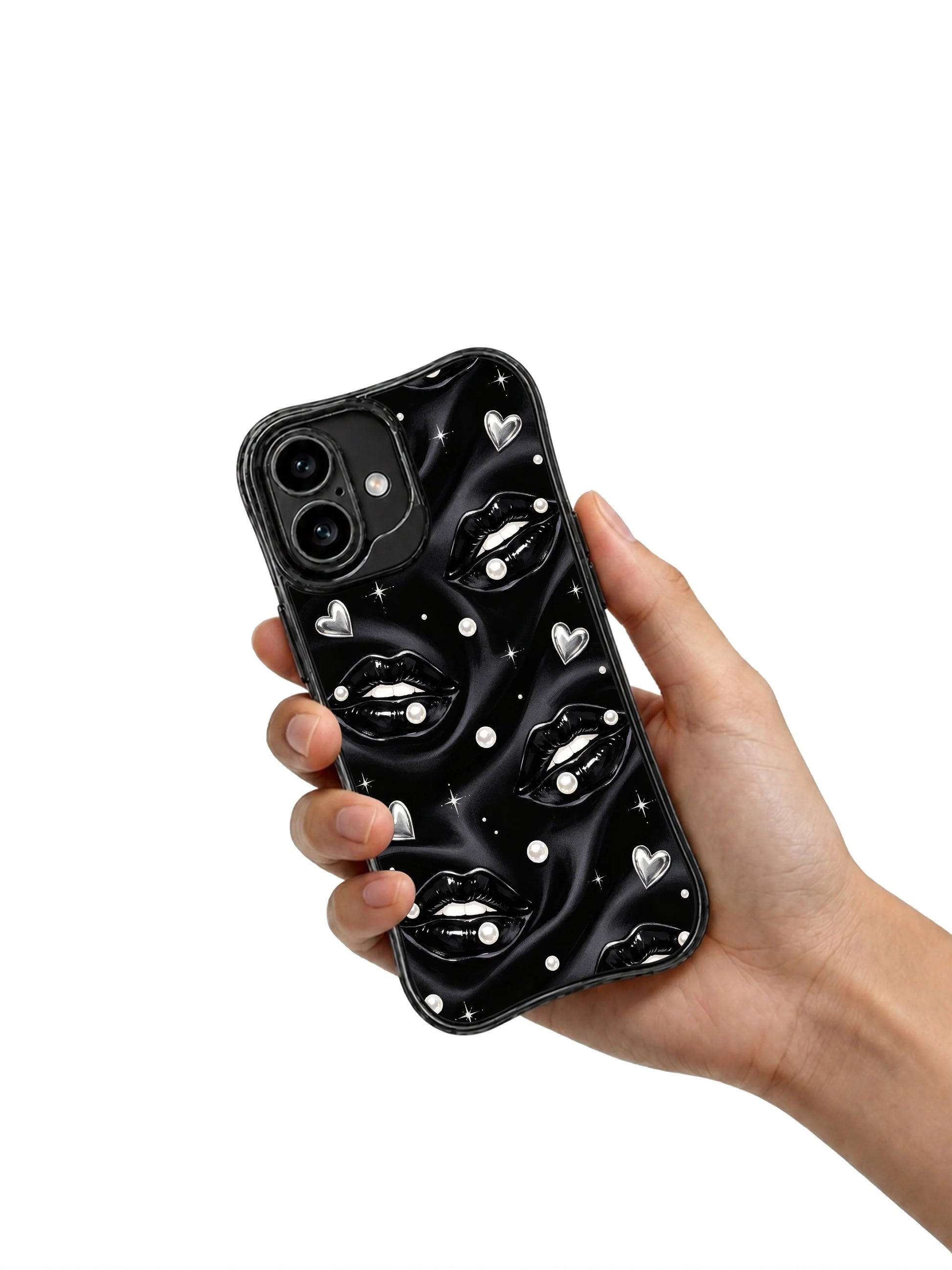 PhoneCasing iPhone 16 case with satin pearl kiss artwork, black glossy lips, luminous pearl accents, and a polished iPhone16 casing mood.