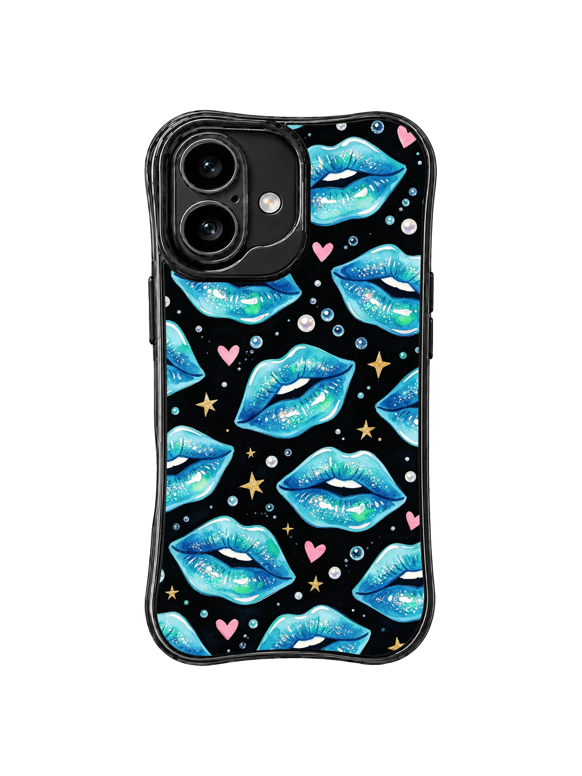 PhoneCasing iPhone 16 case featuring sea blue party cover artwork with glossy lips, pink hearts, pearl bubbles, and bright gold accents.