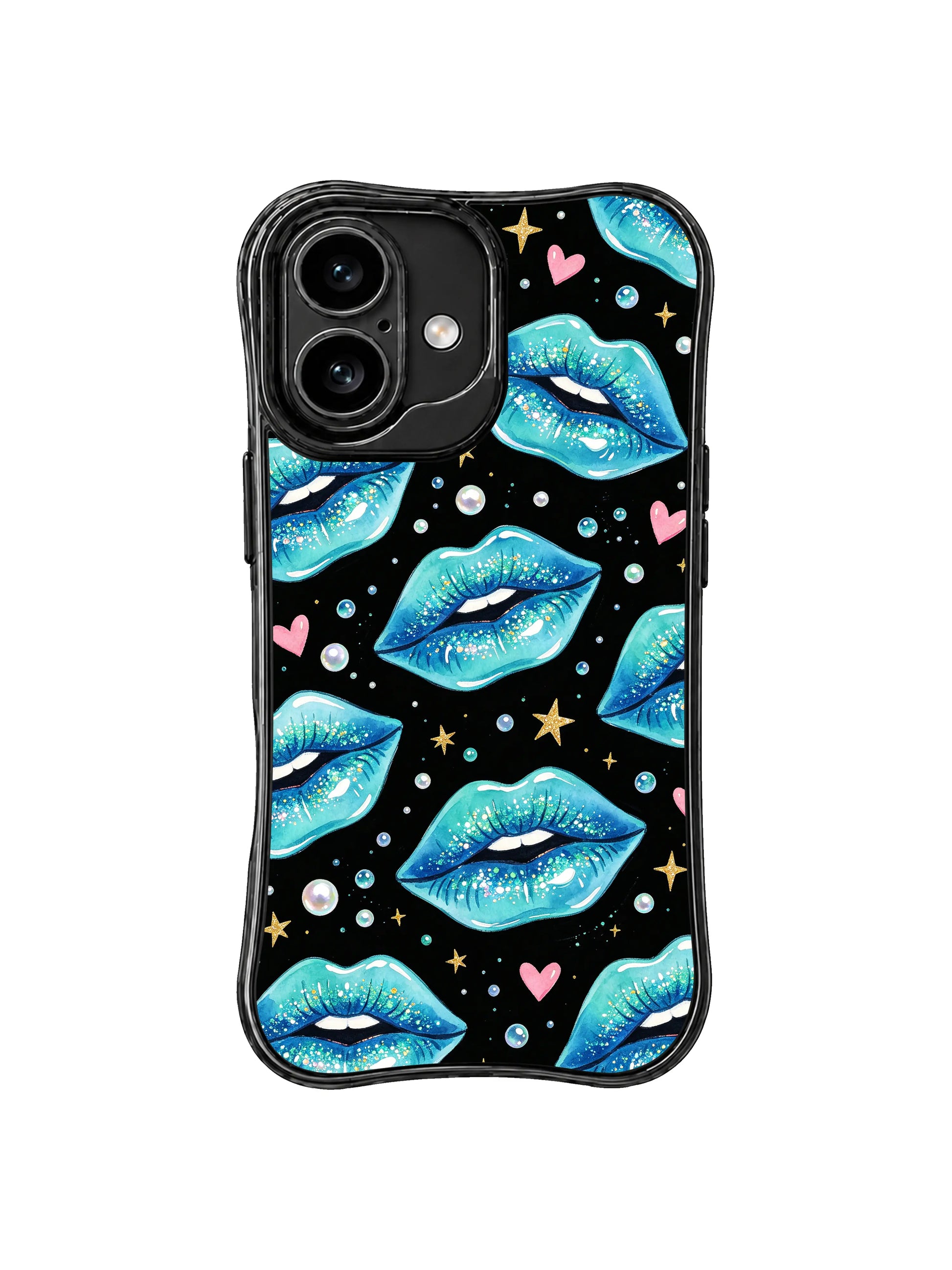 PhoneCasing iPhone 16 case with seafoam lip pattern, gold star details, pink hearts, and a bright iPhone16 casing aesthetic.