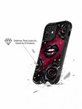 PhoneCasing iPhone 16 case featuring sequin lips and dark roses, blending pink, blue, gold, and green spark details into a dramatic night-glam design.
