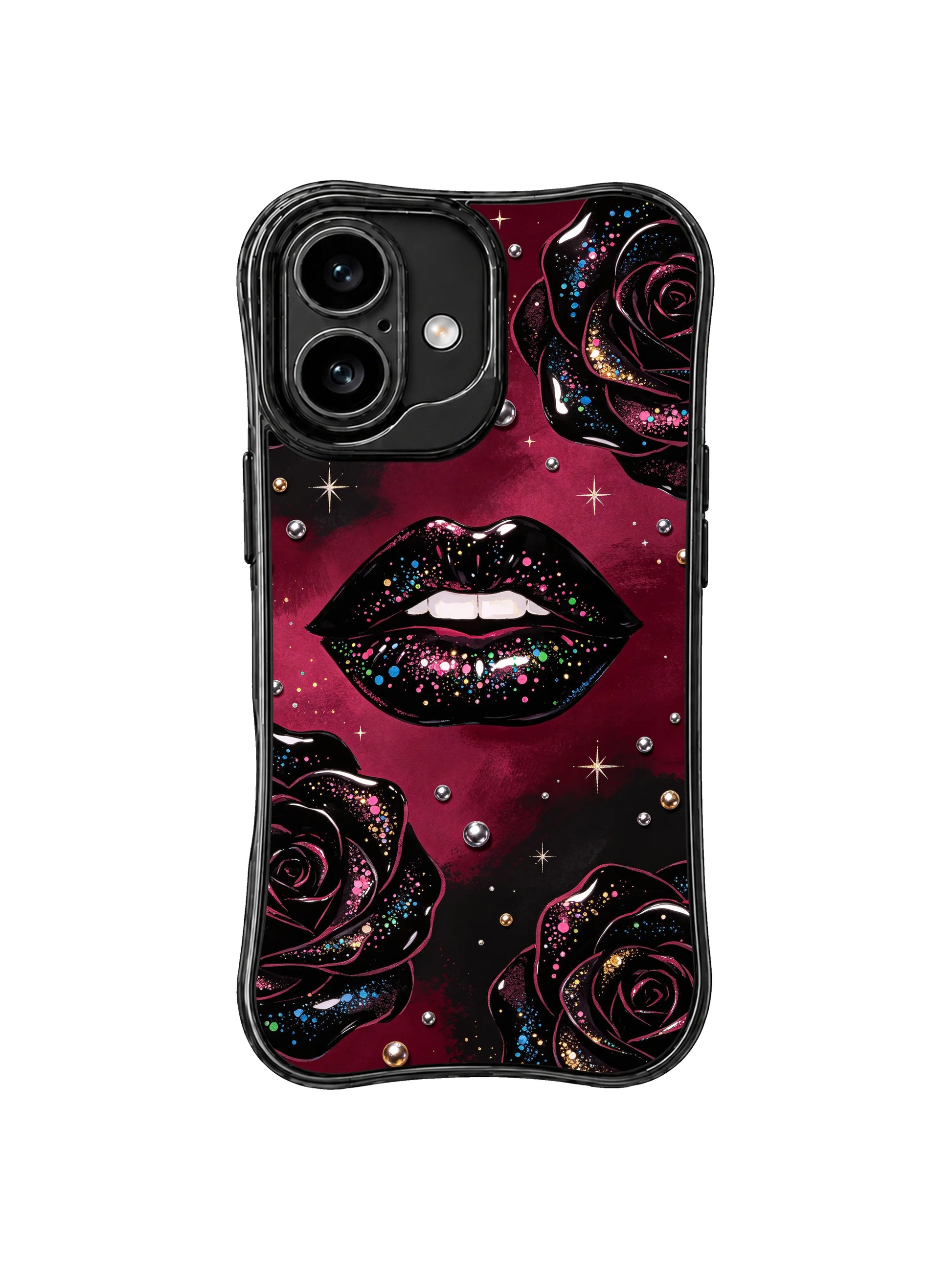 PhoneCasing iPhone 16 case designed as a sequin noir lip iphone 16 cover with dark roses, pearl details, and subtle star sparkle.