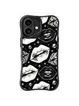 PhoneCasing iPhone 16 case featuring silver bead lips artwork, monochrome glam styling, and graphic star accents for an iPhone 16 Pro case aesthetic.