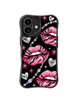 PhoneCasing iPhone 16 case with silver crystal lip glow, pink starbursts, and bold black background for expressive iPhone 16 cases.