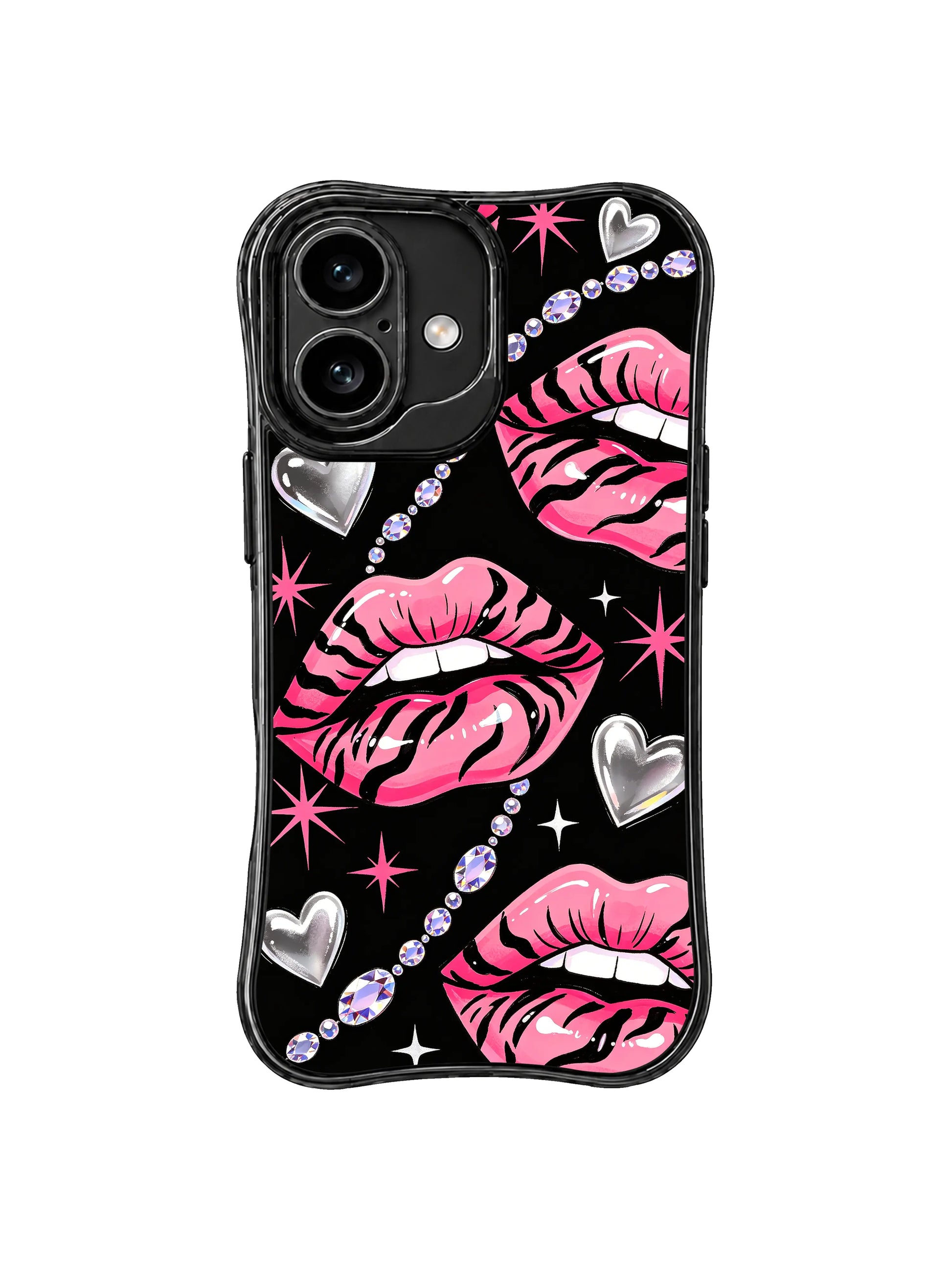 PhoneCasing iPhone 16 case with silver crystal lip glow, pink starbursts, and bold black background for expressive iPhone 16 cases.