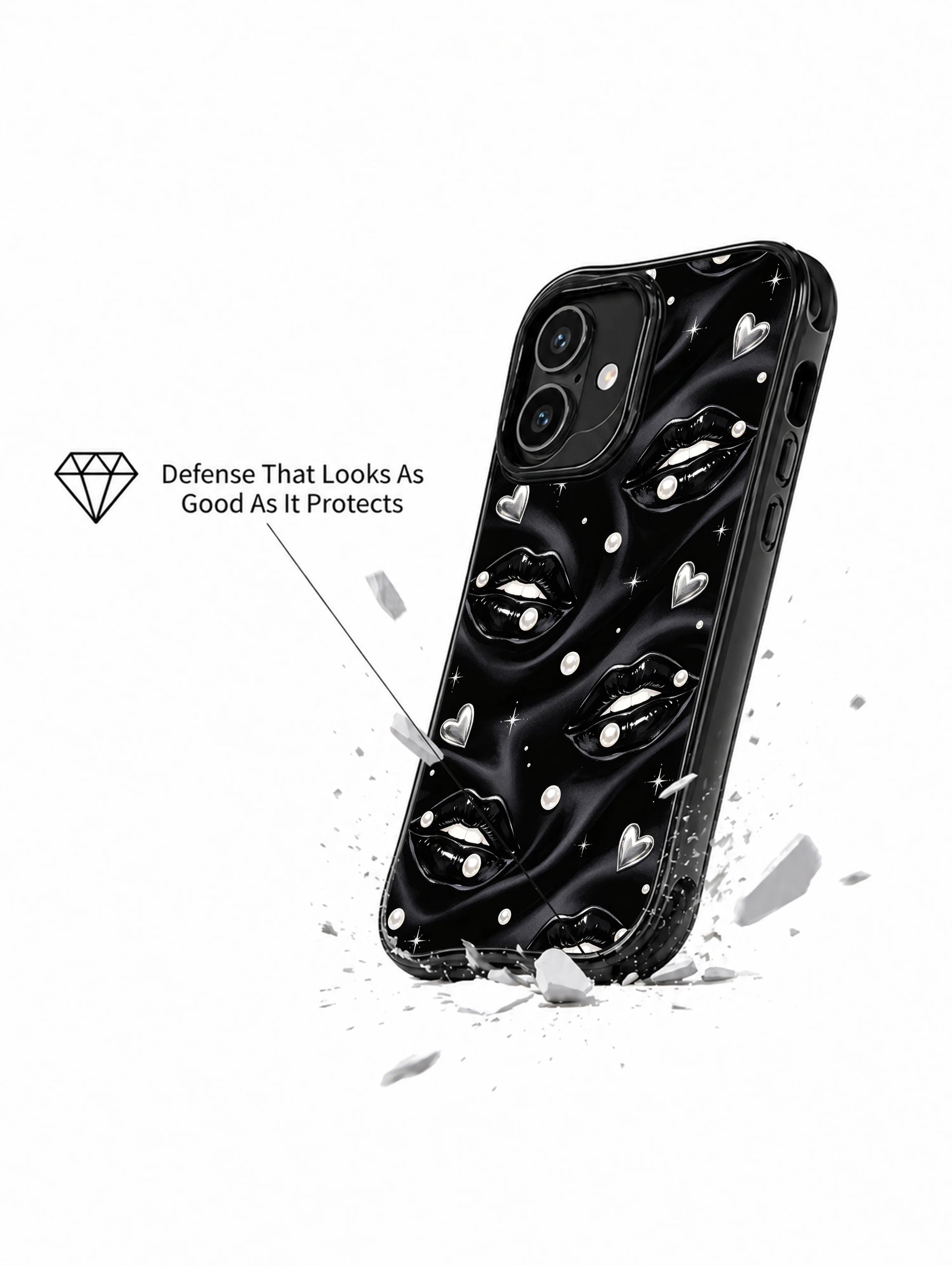 PhoneCasing iPhone 16 case featuring silver heart details, black lips, pearl dots, and a sleek iphone 16 cover aesthetic.