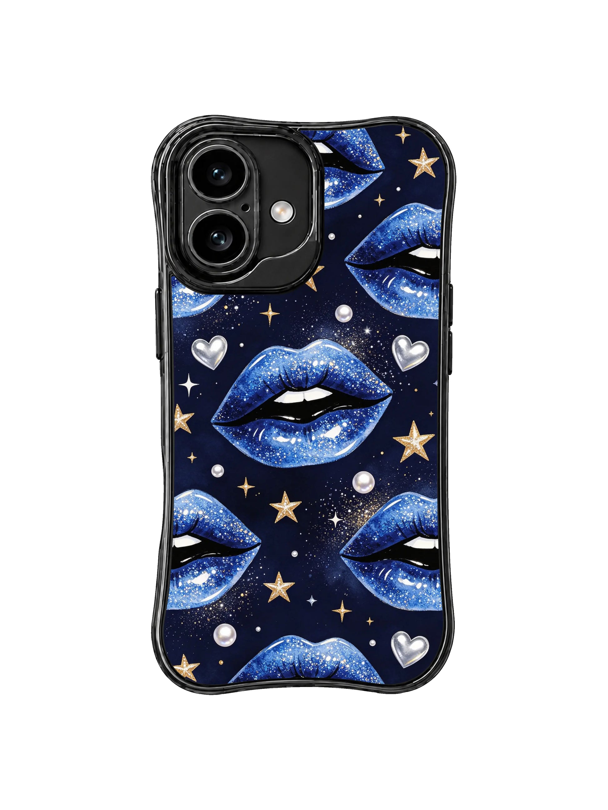 PhoneCasing iPhone 16 case featuring silver heart night lips with blue sparkle texture and refined star details.