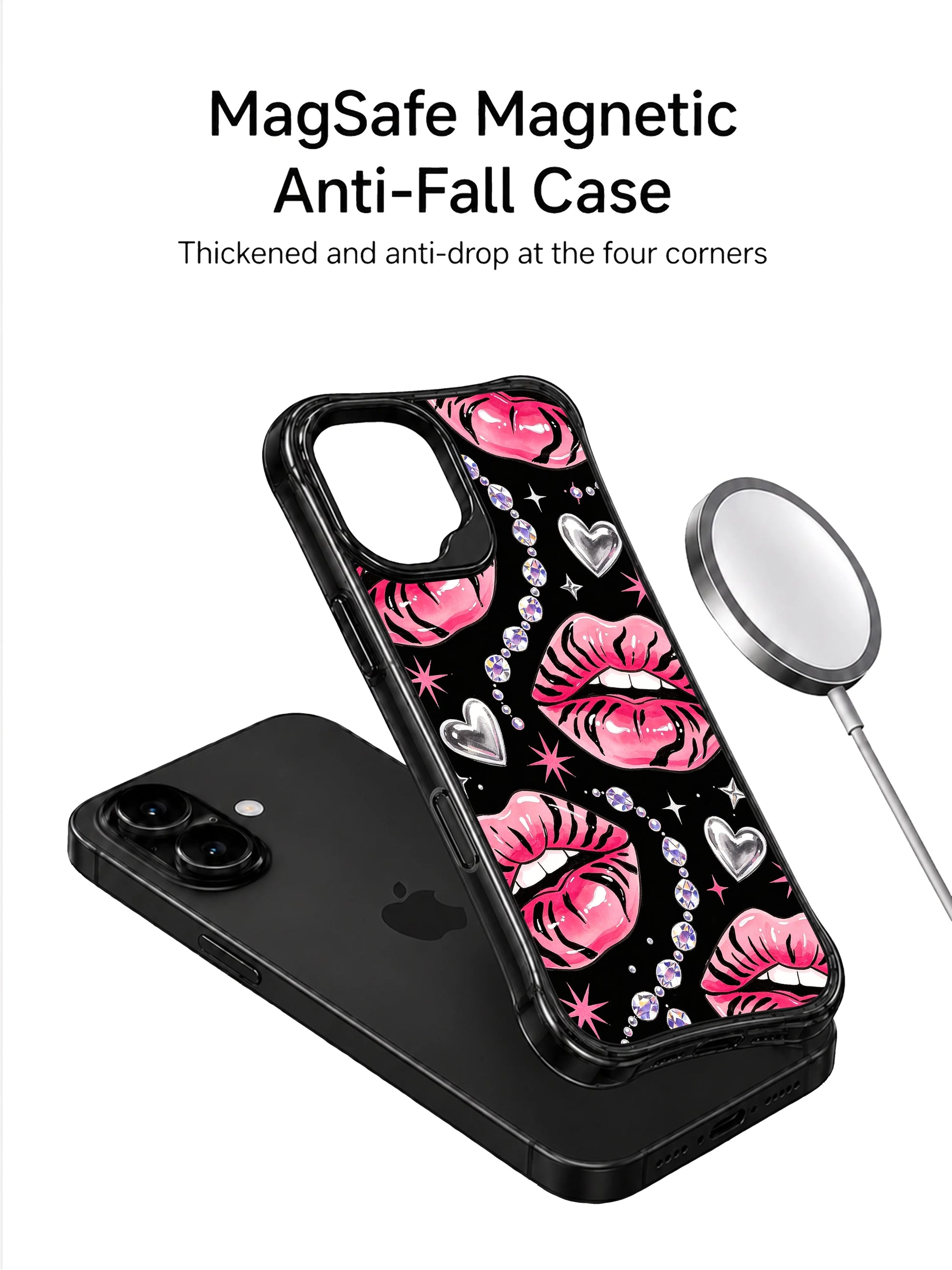 PhoneCasing iPhone 16 case featuring silver heart accents, pink starbursts, and glossy pink lip art for a stylish iPhone16 casing look.