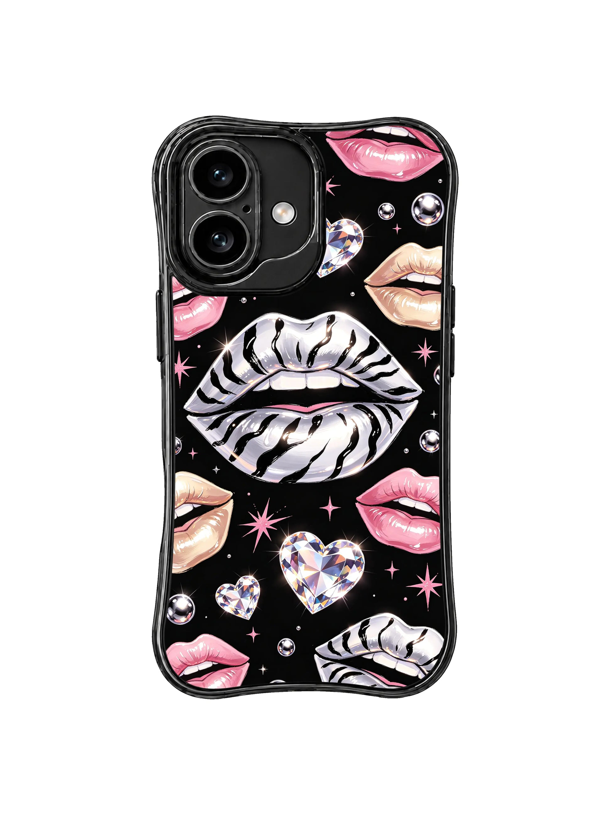 PhoneCasing iPhone 16 case featuring silver lips, crystal bubbles, zebra stripe rhythm, and pink lips for a polished iPhone 16 casing look.