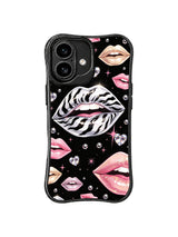 PhoneCasing iPhone 16 case with silver zebra lips and crystal hearts, styled for shoppers who also browse iPhone 16 Pro case designs.