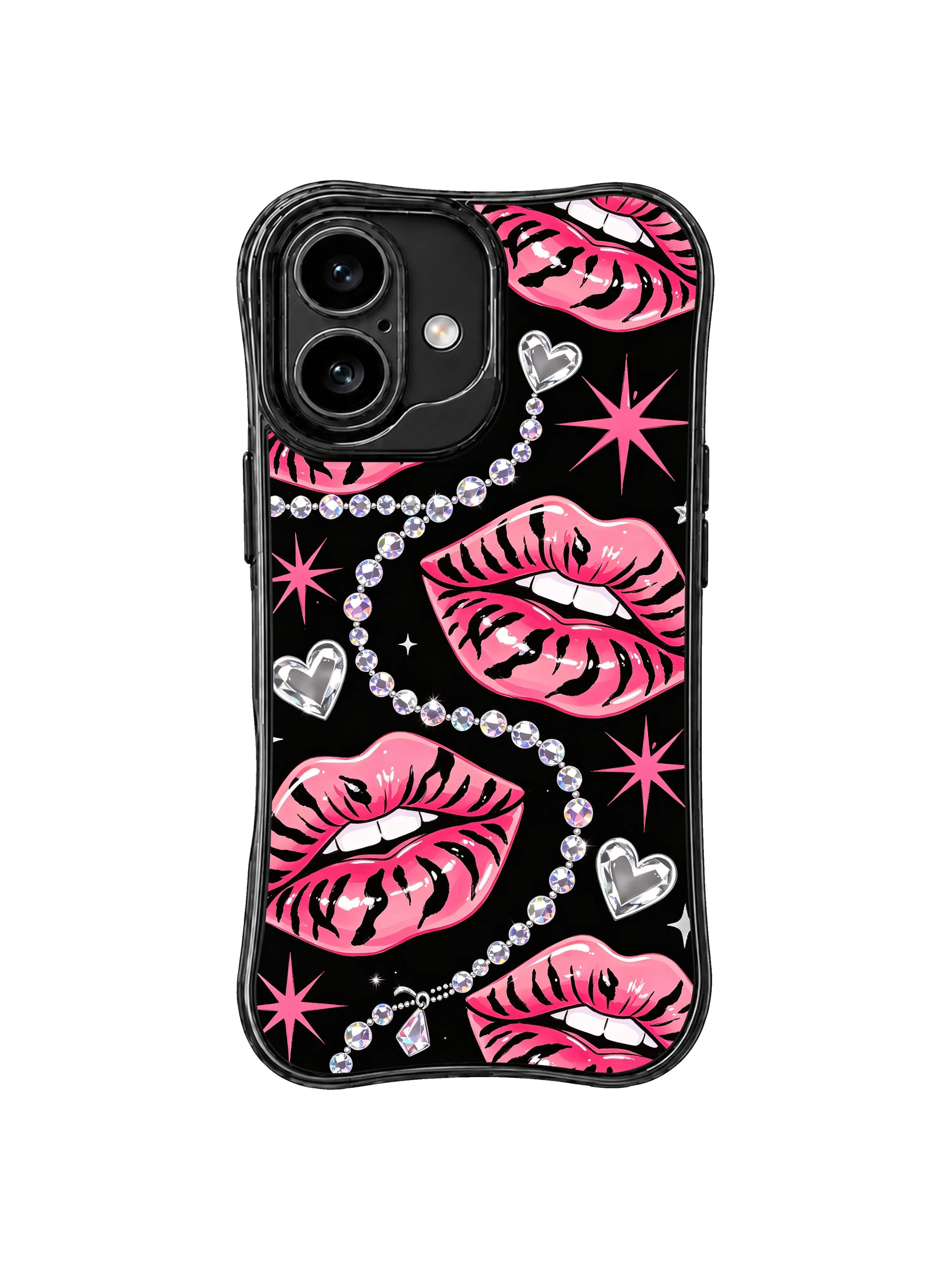 PhoneCasing iPhone 16 case featuring soft armor pink lips, black tiger marks, and silver heart details with confident glam energy.