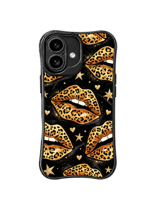 PhoneCasing iPhone 16 case featuring Star Leopard Kiss artwork with leopard print lips, gold stars, glitter hearts, and a deep black background for a bold iPhone 16 case look.