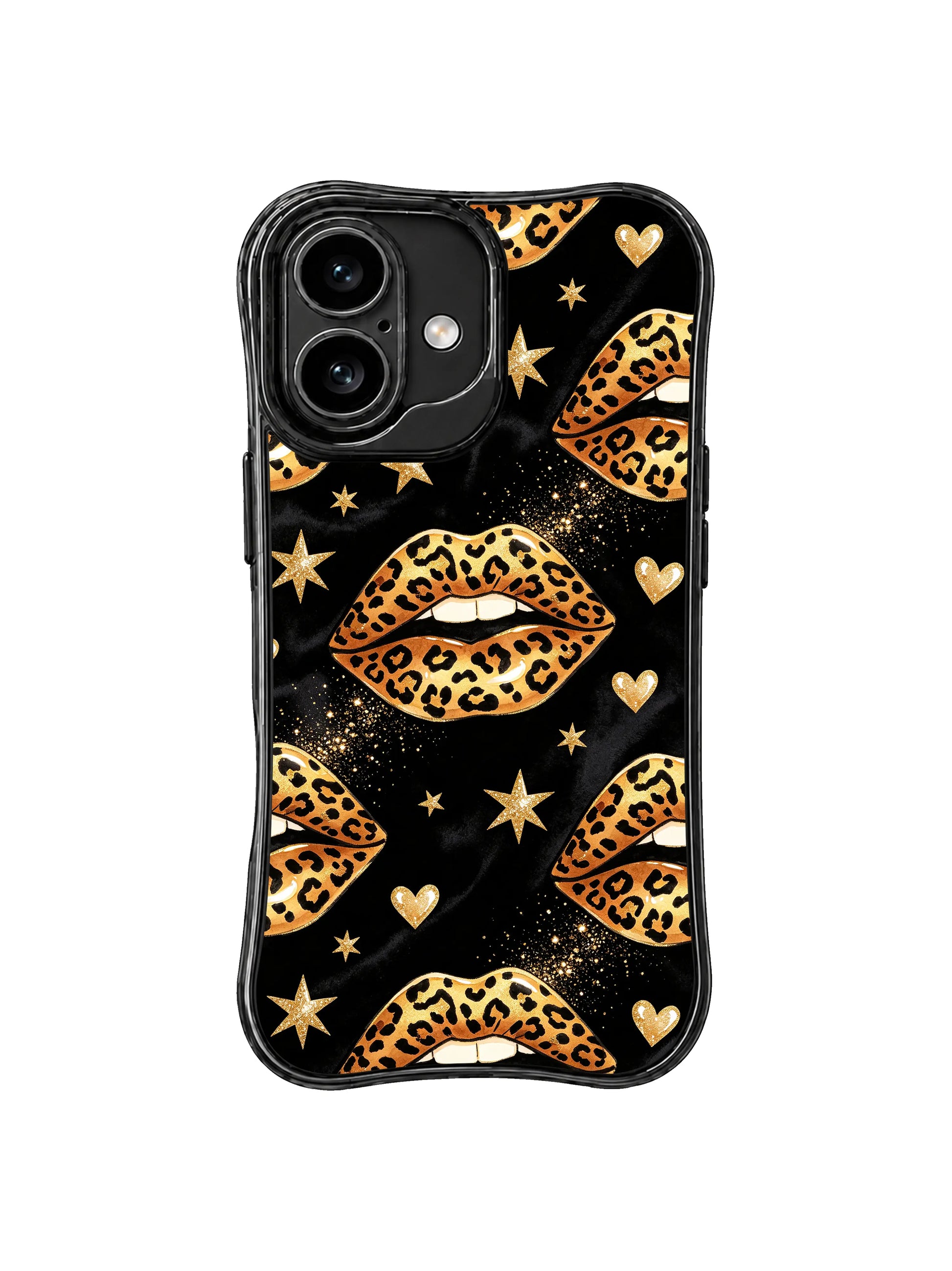 PhoneCasing iPhone 16 case created as a starlit leopard iphone 16 cover with kiss motifs, gold hearts, and a sleek black night-sky finish.
