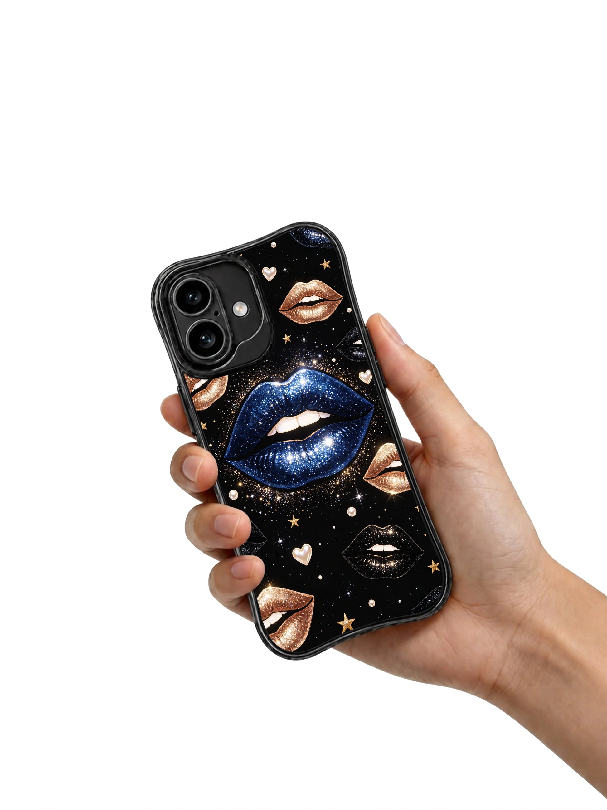 PhoneCasing iPhone 16 case designed as a starry blue kiss iPhone 16 cover with metallic lips, gold hearts, and celestial glamour.