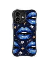 PhoneCasing iPhone 16 case featuring starry blue lips, metallic hearts, and pearl-like accents for iPhone 16 Pro Max case styling.