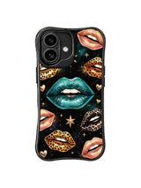 PhoneCasing iPhone 16 case featuring starry leopard artwork with teal lips, golden hearts, and a powerful iPhone 16 casing presentation.