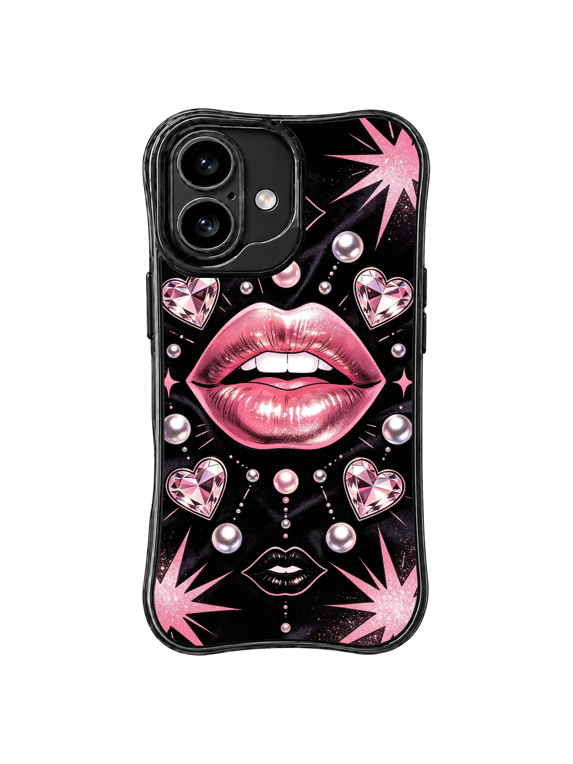 PhoneCasing iPhone 16 case with starry accents, pink metallic lips, and sparkling gem hearts, a trend-focused iPhone 16 cover with dramatic visual contrast.