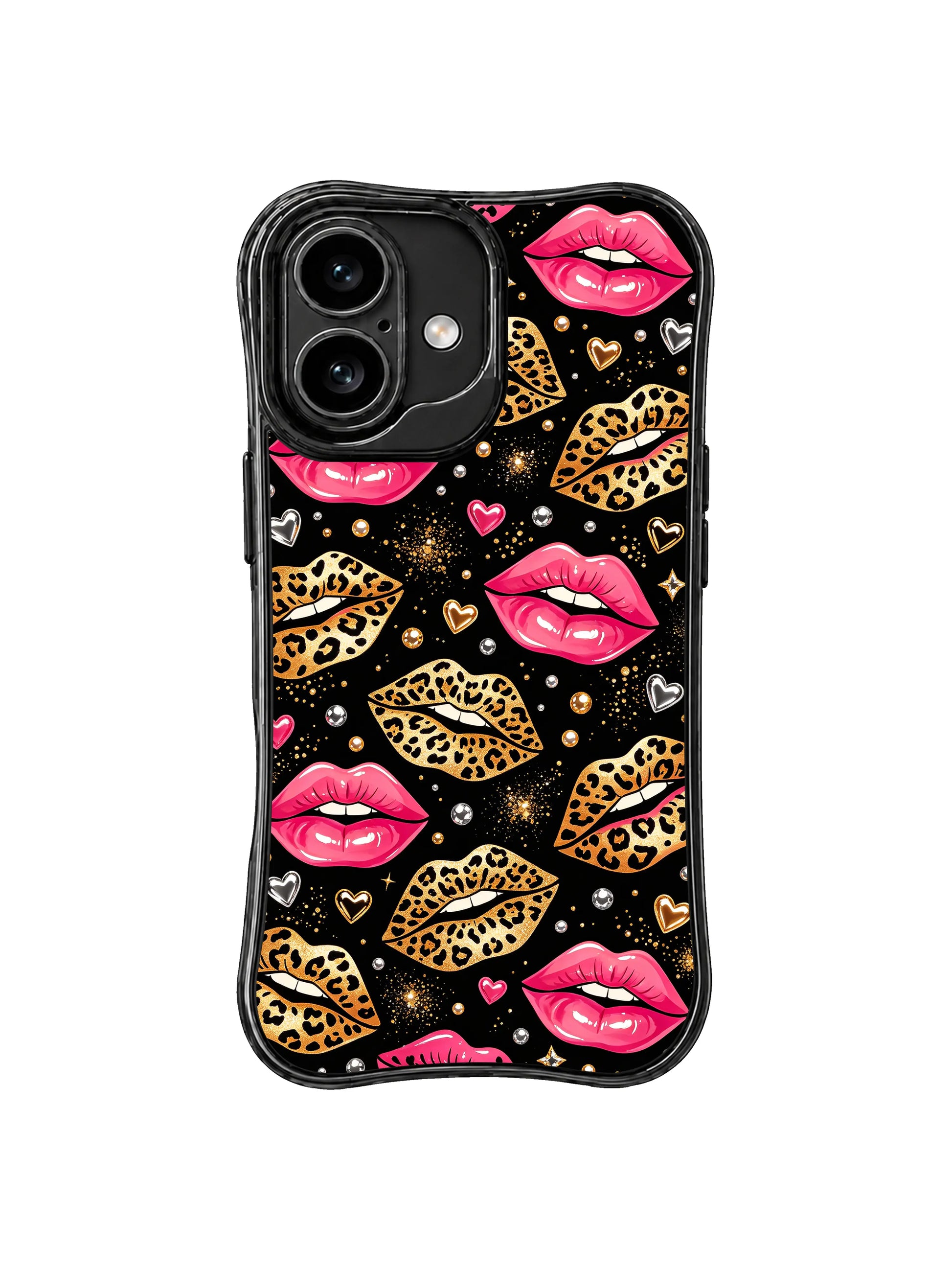 PhoneCasing iPhone 16 case with statement lips, bold leopard texture, and glam sparkle, ideal for anyone seeking artistic iPhone 16 cases.