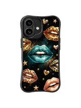 PhoneCasing iPhone 16 case designed as a teal constellation iPhone 16 cover with leopard lips, golden hearts, and celestial sparkle.