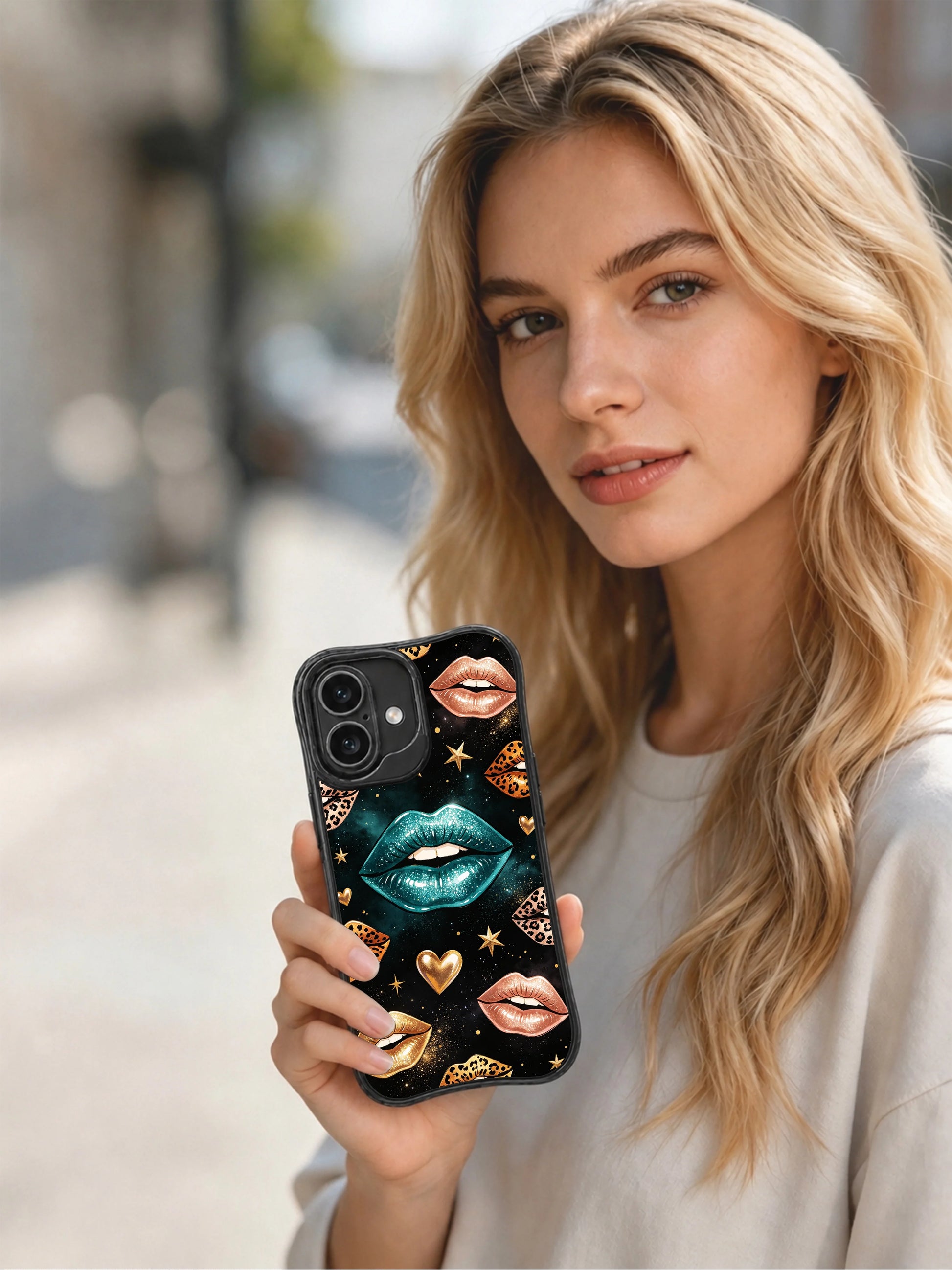 PhoneCasing iPhone 16 case with teal gloss starfield artwork, wild leopard lips, metallic hearts, and refined night glam energy.