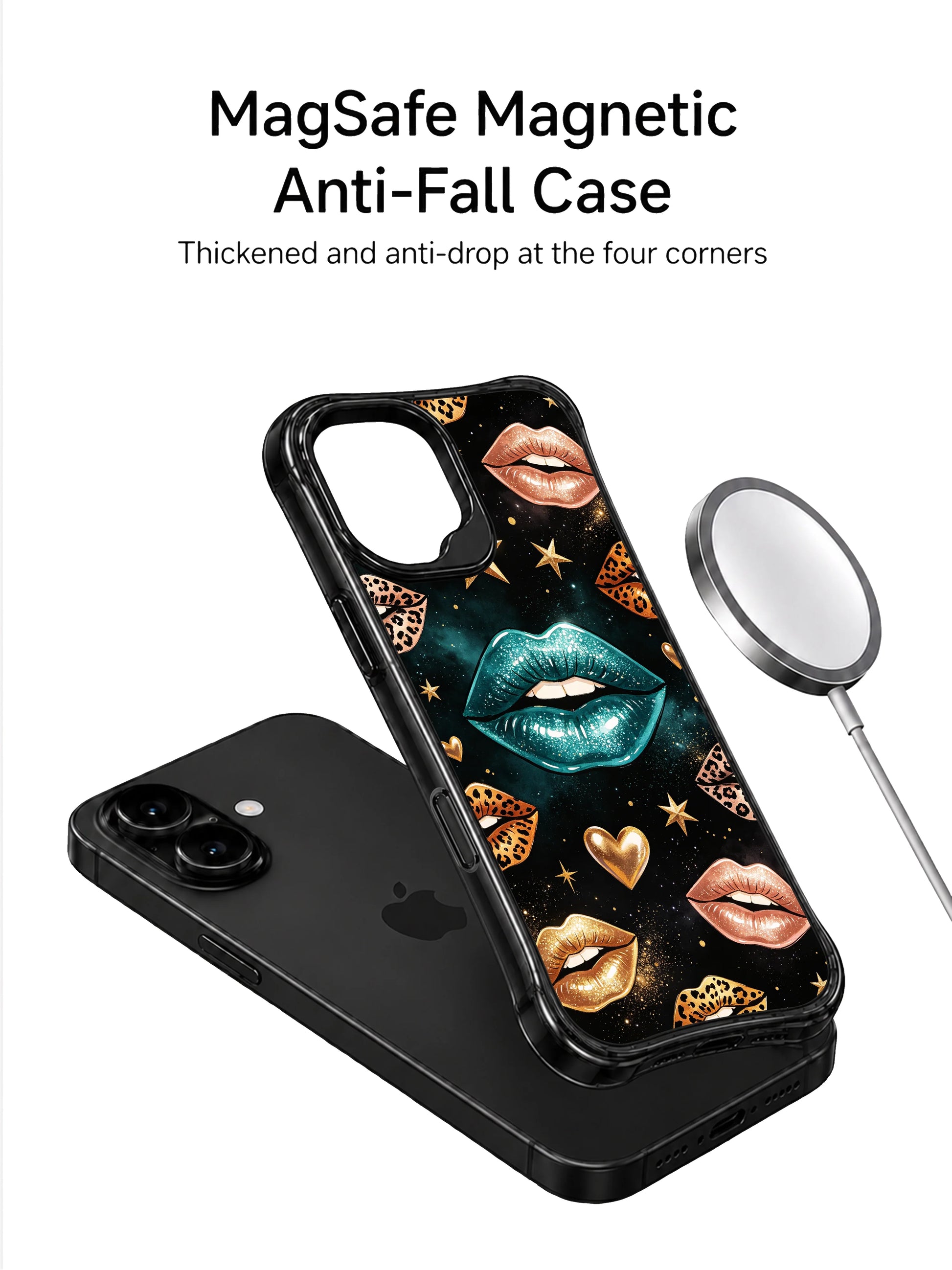 PhoneCasing iPhone 16 case featuring a teal hunter kiss centerpiece, golden leopard lips, tiny hearts, and black celestial sparkle.